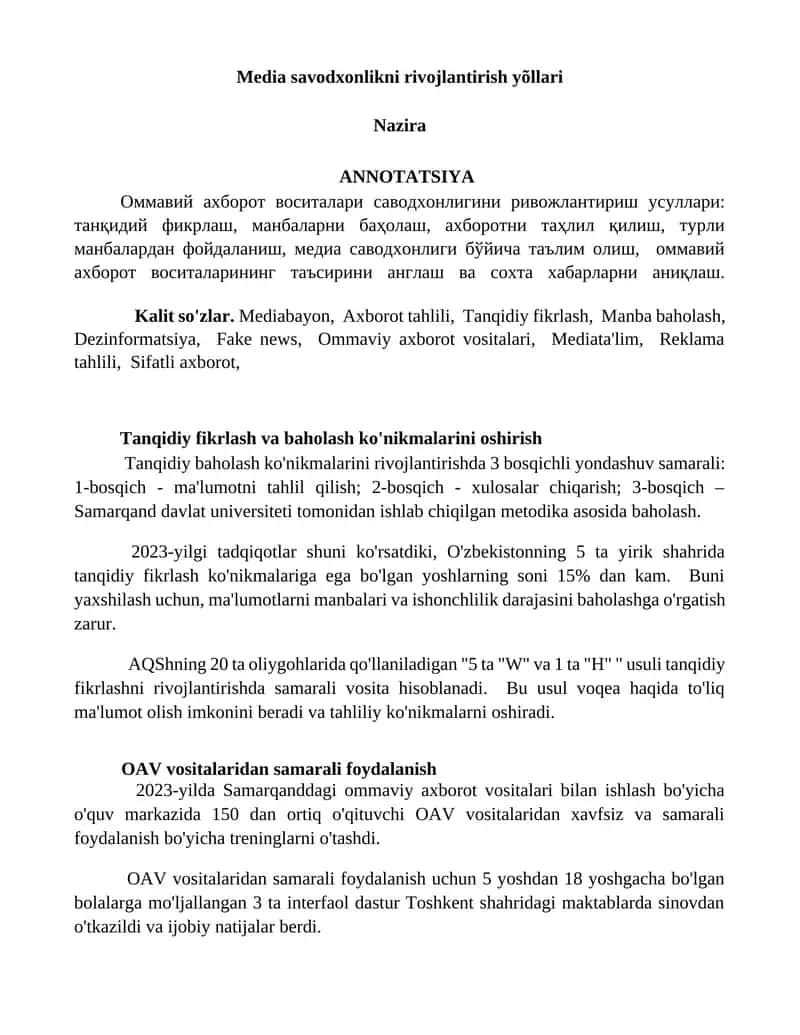 Media savodxonlikni rivojlantirish yõllari 1