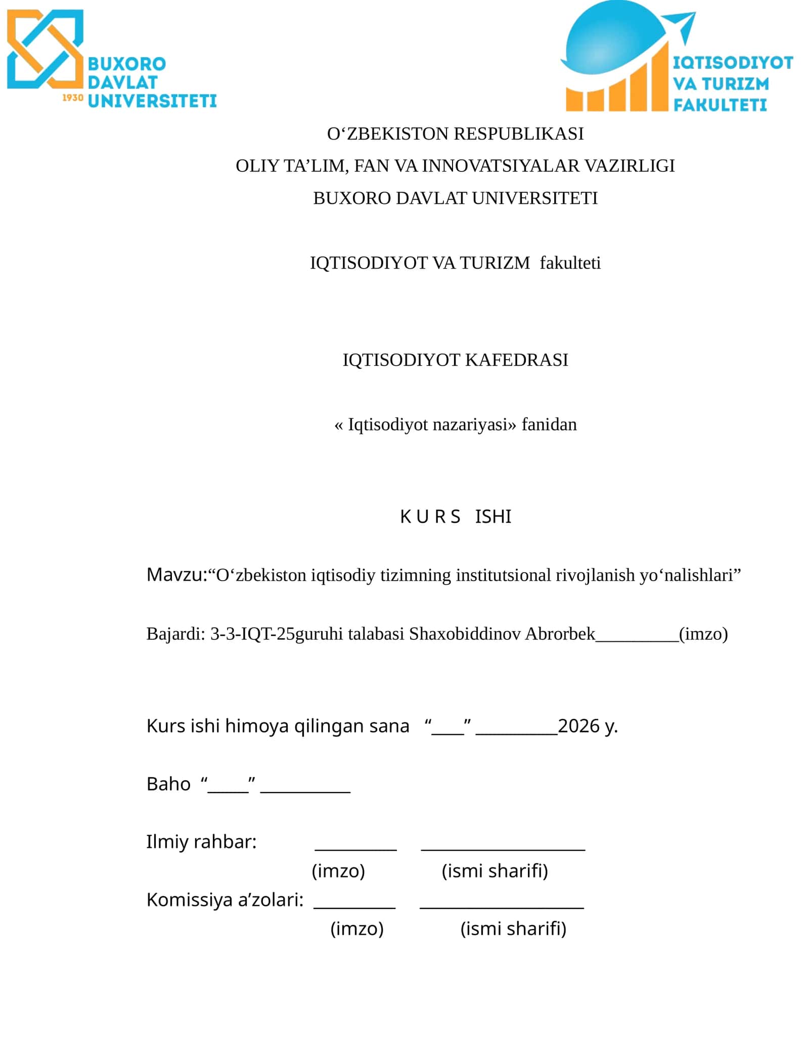 «Oʻzbekiston iqtisodiy tizimning institutsional rivojlanish yoʻnalishlari» 1