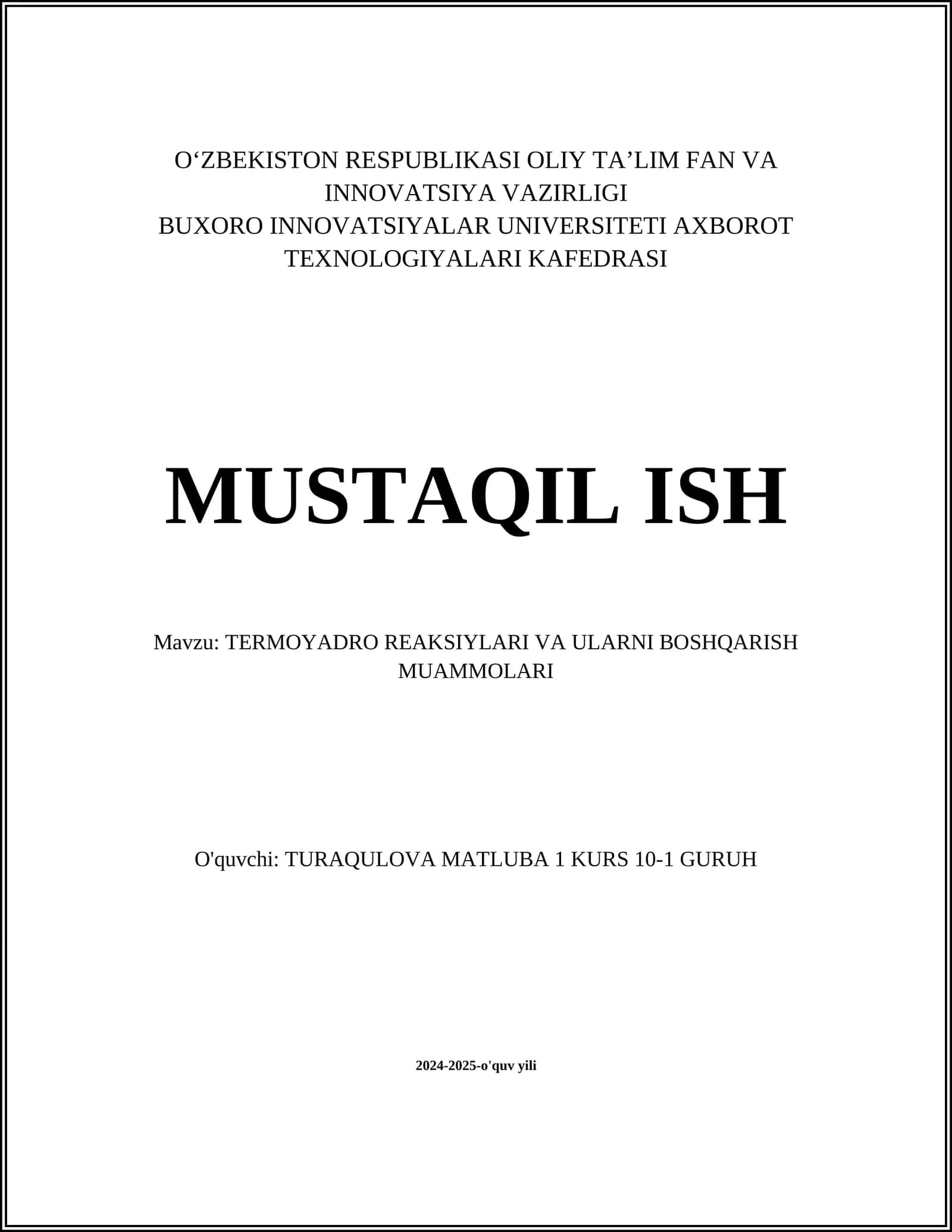 TERMOYADRO REAKSIYLARI VA ULARNI BOSHQARISH MUAMMOLARI 1