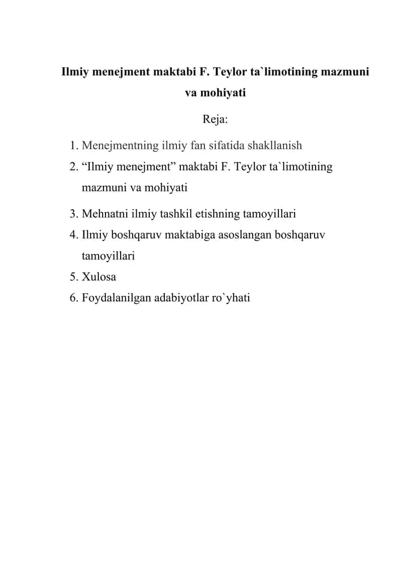 Ilmiy menejment maktabi F. Teylor ta`limotining mazmuni va mohiyati 1