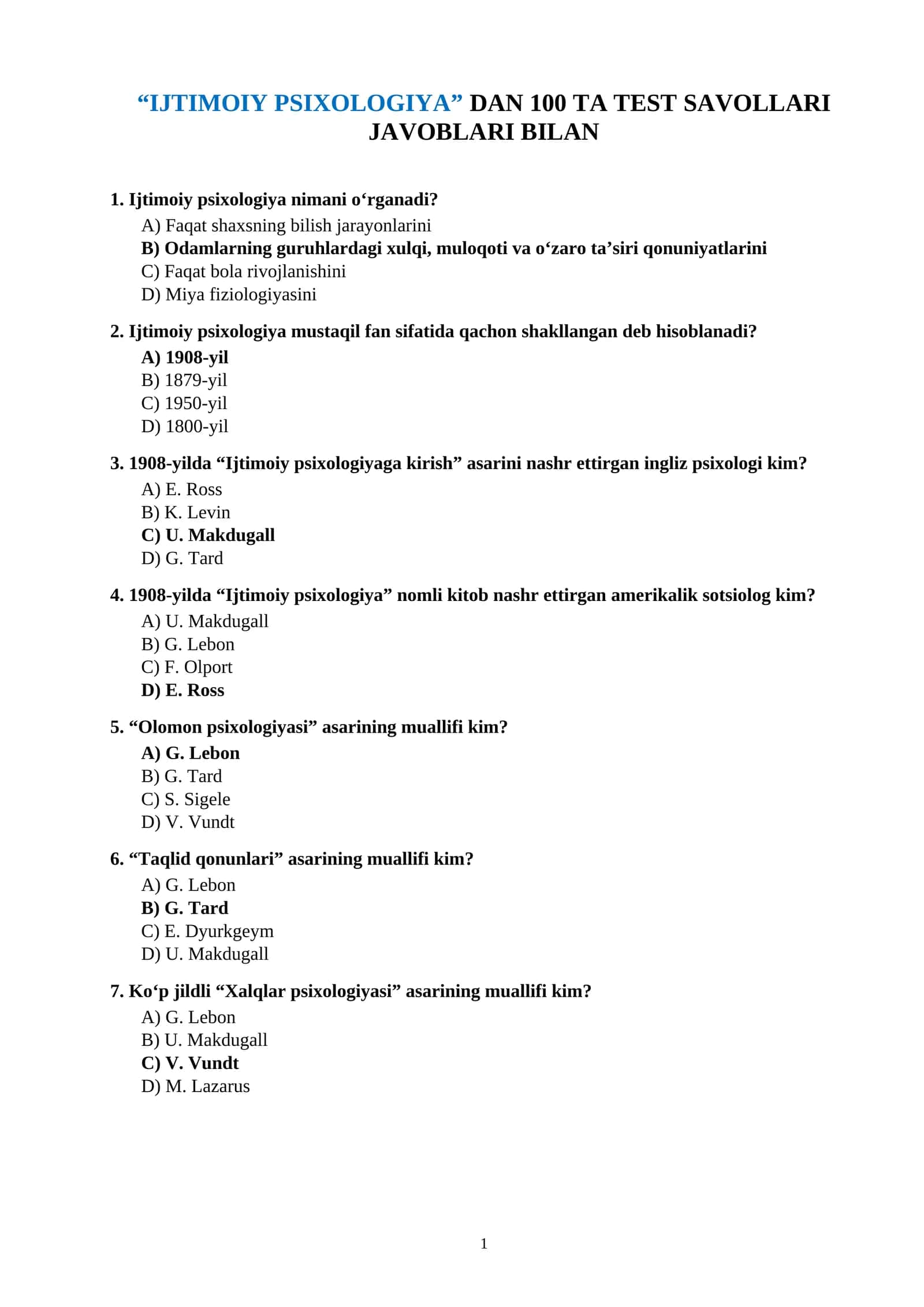 Ijtimoiy Psixologiya Test Savollari 1