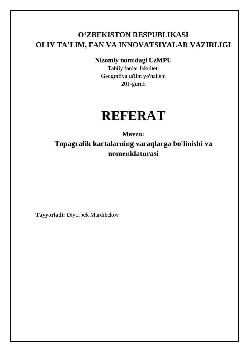 Topografiya xaritalarning varaqlarga bo'linishi va nomenklaturasi 1