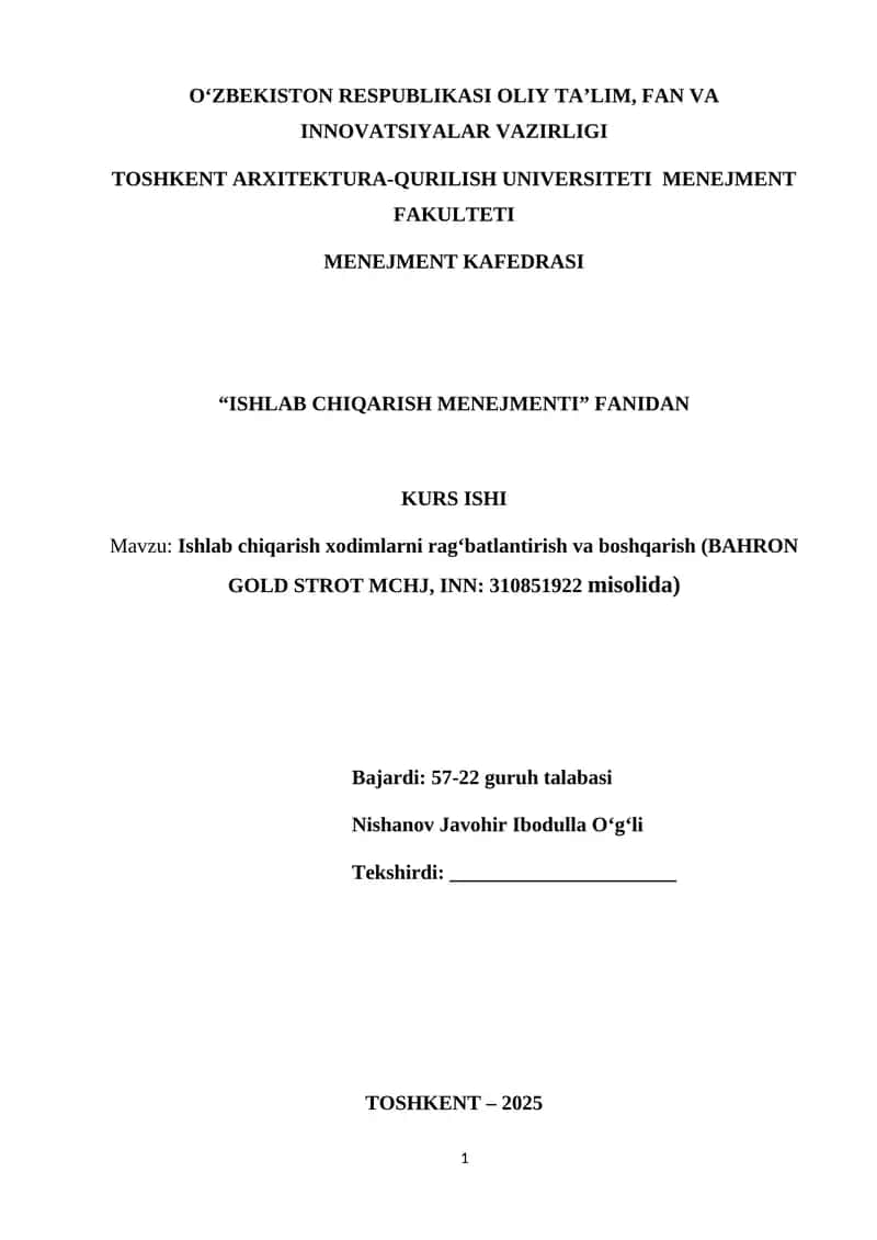Ishlab chiqarish menejmenti kurs ishi 1