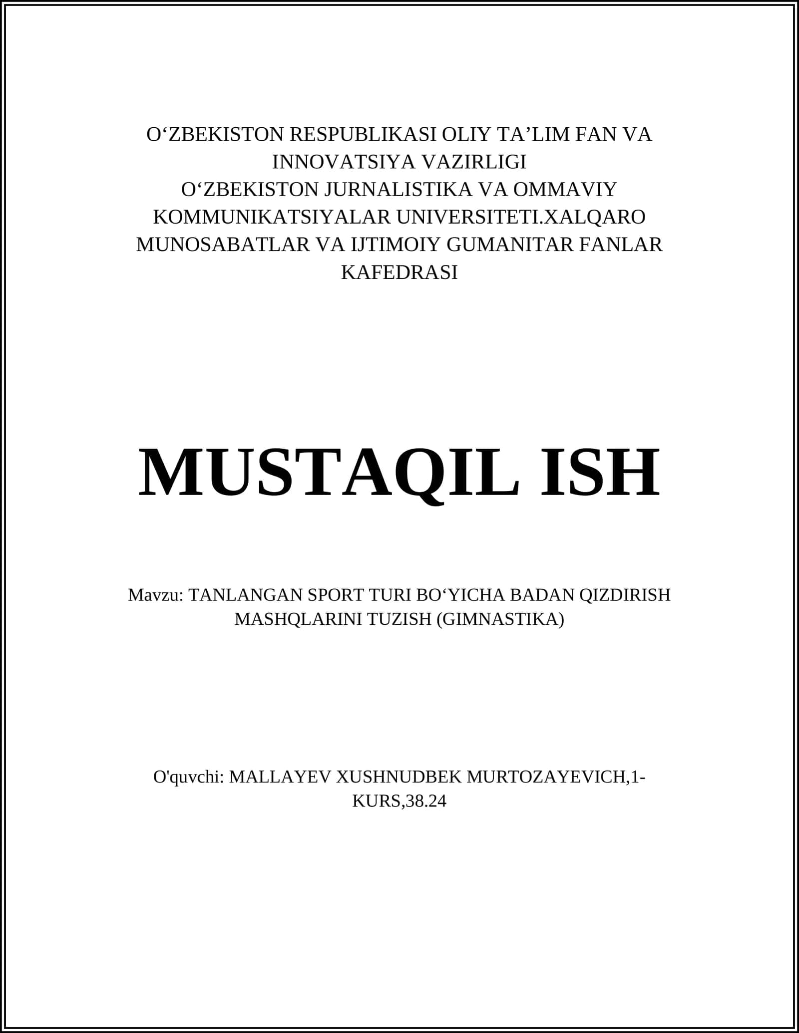 TANLANGAN SPORT TURI BOʻYICHA BADAN QIZDIRISH MASHQLARINI TUZISH (GIMNASTIKA) 1