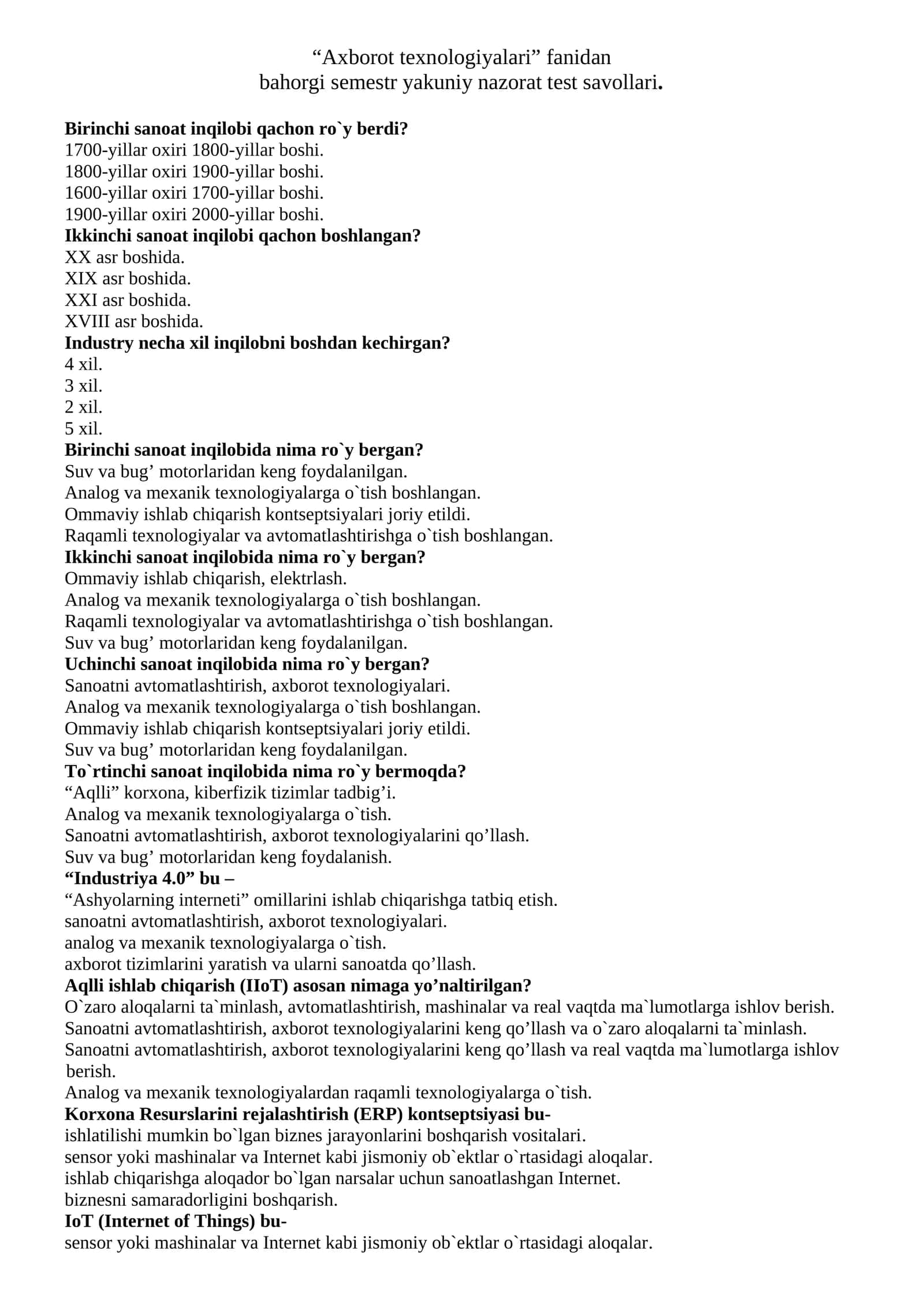 Axborot texnologiyalari fanidan yakuniy nazorat test savollari 1