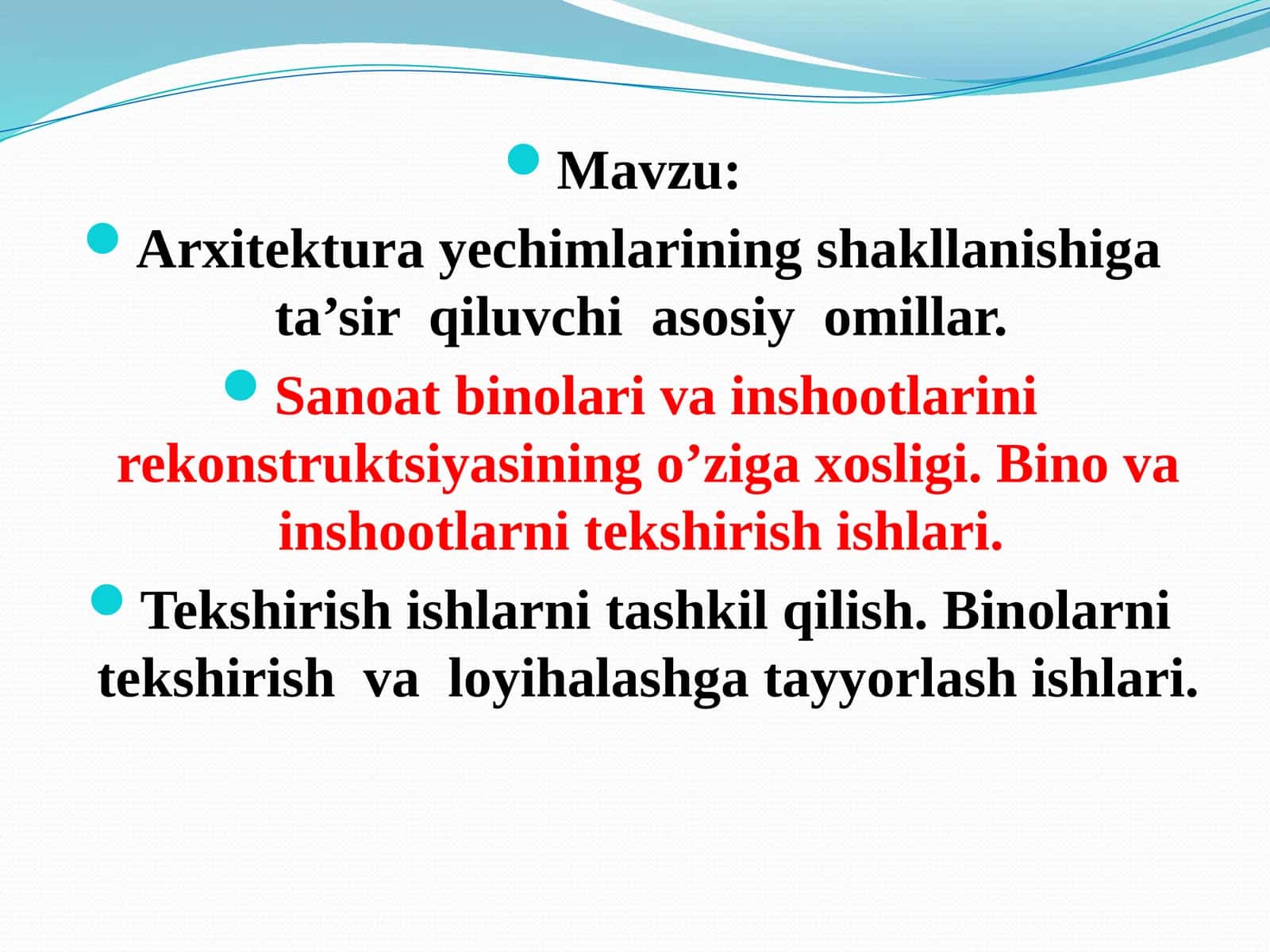 Arxitekturayechimlarining shakllanishiga ta’sir qiluvchi asosiy omillar. Sanoatbinolari va inshootlarini rekonstruktsiyasining o’ziga xosligi. Bino va inshootlarni tekshirish ishlari 1