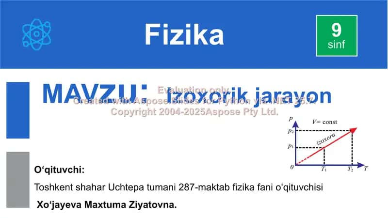 O'zgarmas hajmda berilgan massali gaz bosimi va temperaturaning o'zgarishi 1
