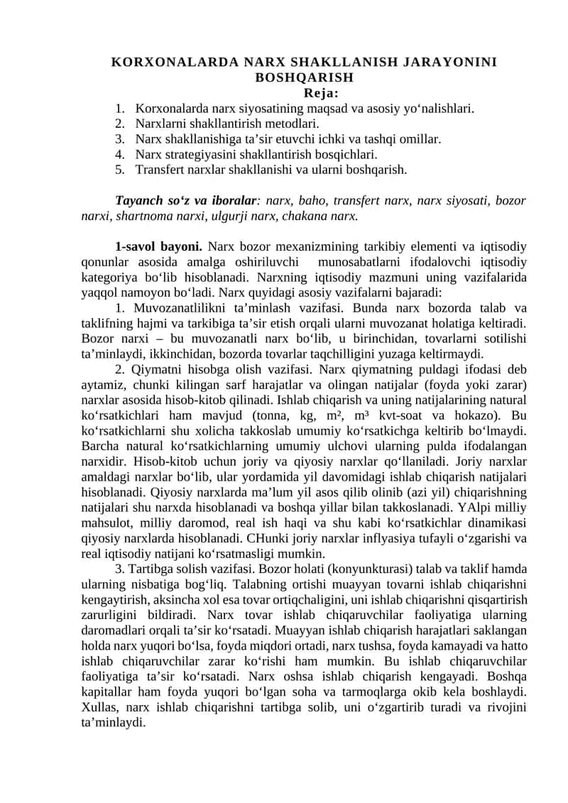 Korxonalarda narx shakllanish jarayonini boshqarish 1