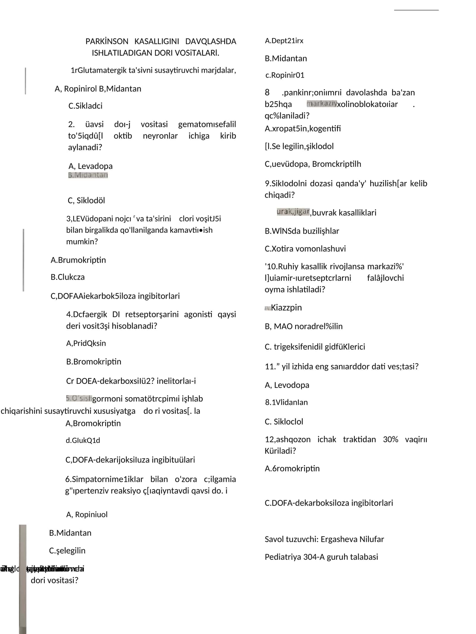 PARKİNSON KASALLIGINI DAVQLASHDA ISHLATILADIGAN DORI VOSiTALARl 1