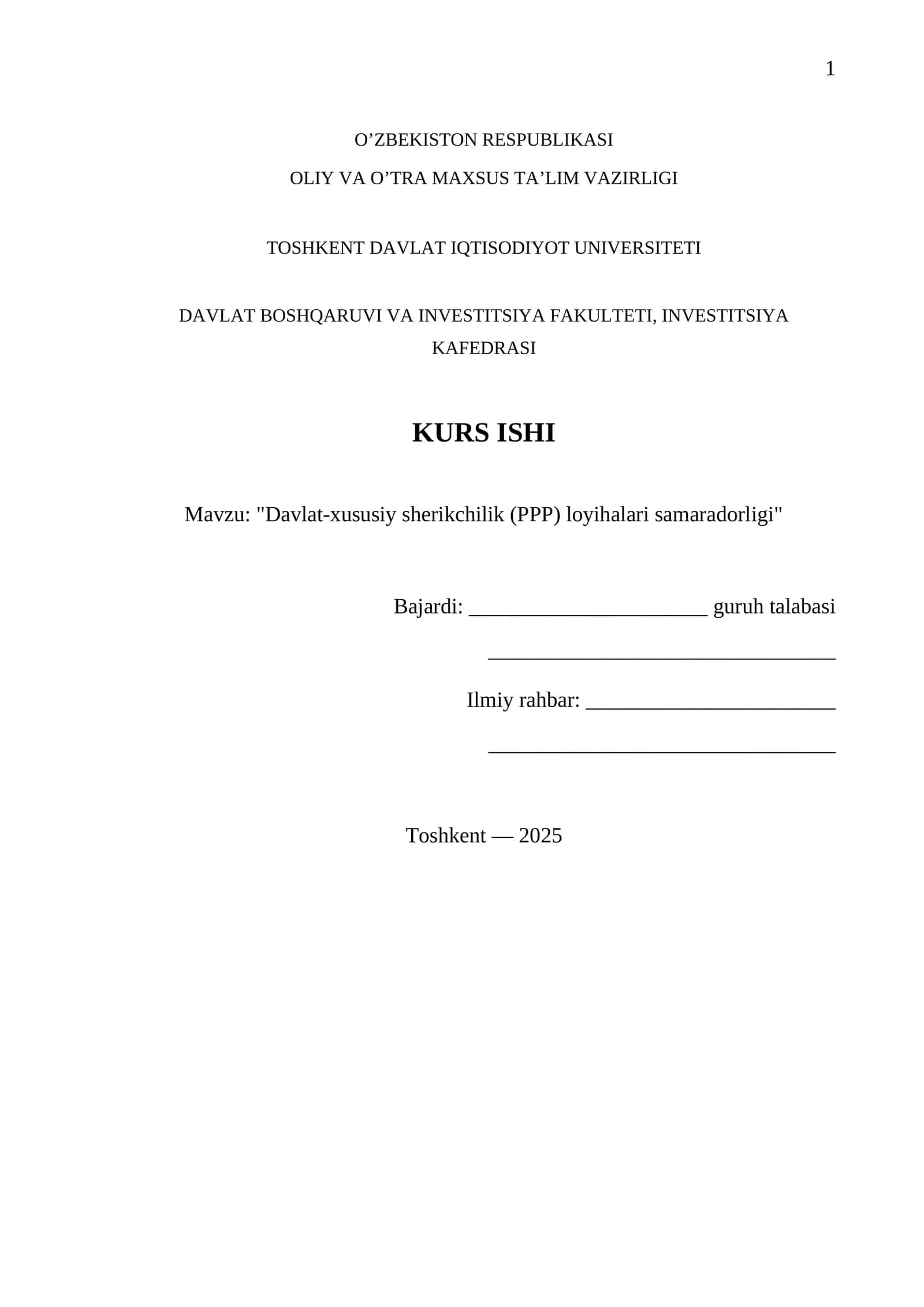 Davlat-xususiy sherikchilik (PPP) loyihalari samaradorligi 1