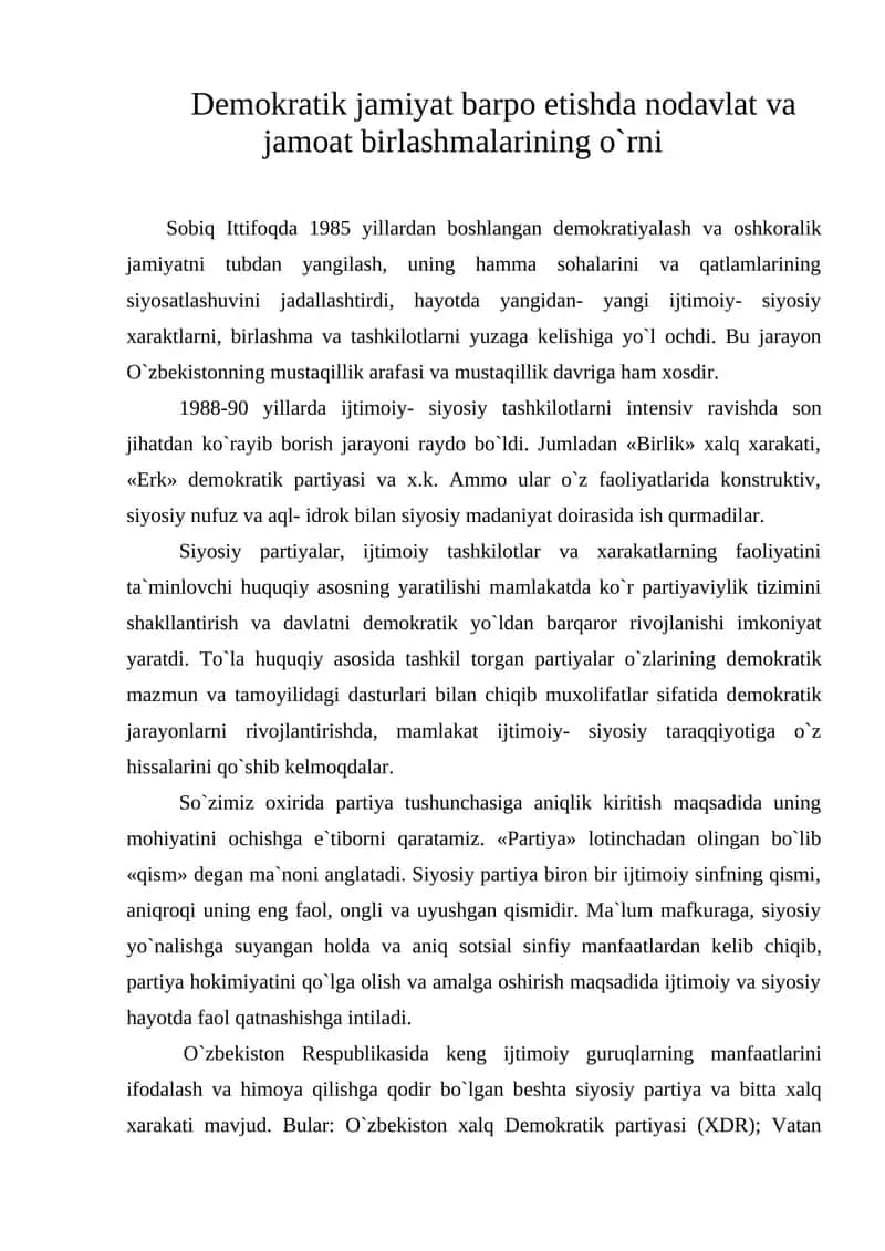 Dеmokratik jamiyat barpo etishda nodavlat va jamoat birlashmalarining o`rni 1