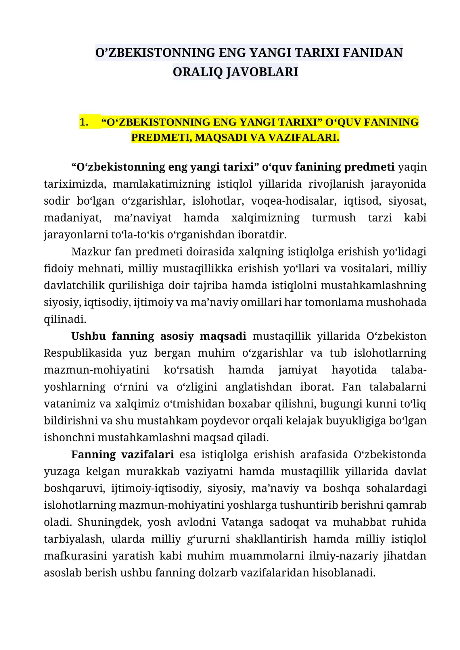 O'zbekistonning eng yangi tarixi fanidan oraliq nazorati javoblari 1