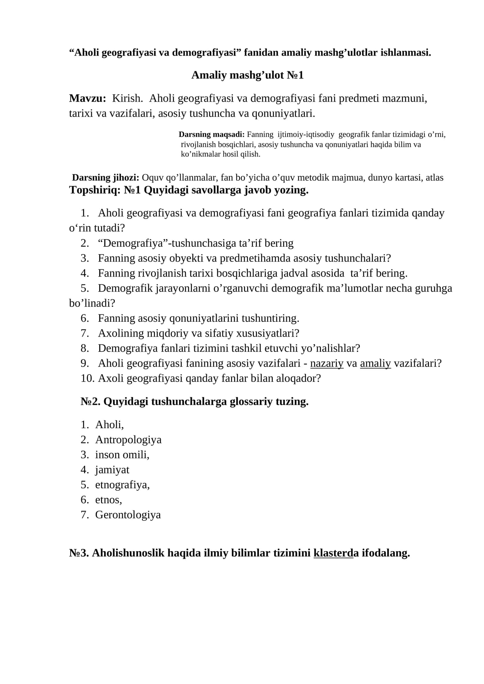 Aholi geografiyasi va demografiyasi amaliy mashg'ulotlar ishlanmasi 1