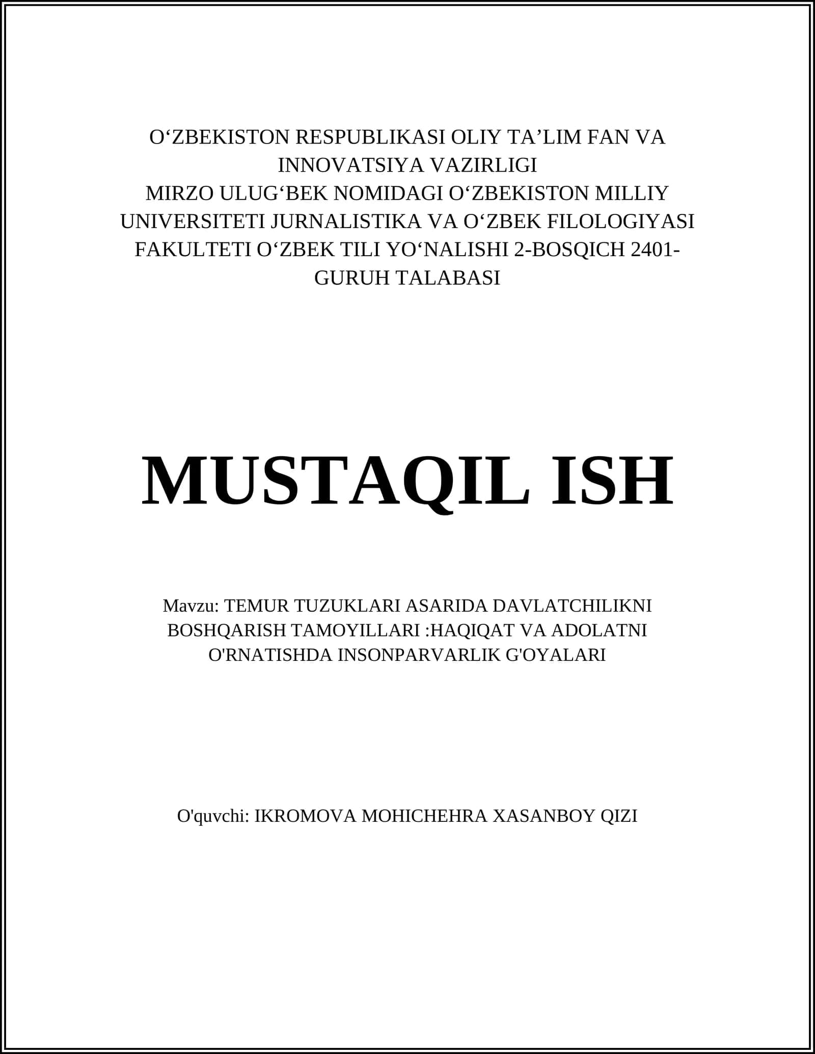 TEMUR TUZUKLARI ASARIDA DAVLATCHILIKNI BOSHQARISH TAMOYILLARI 1