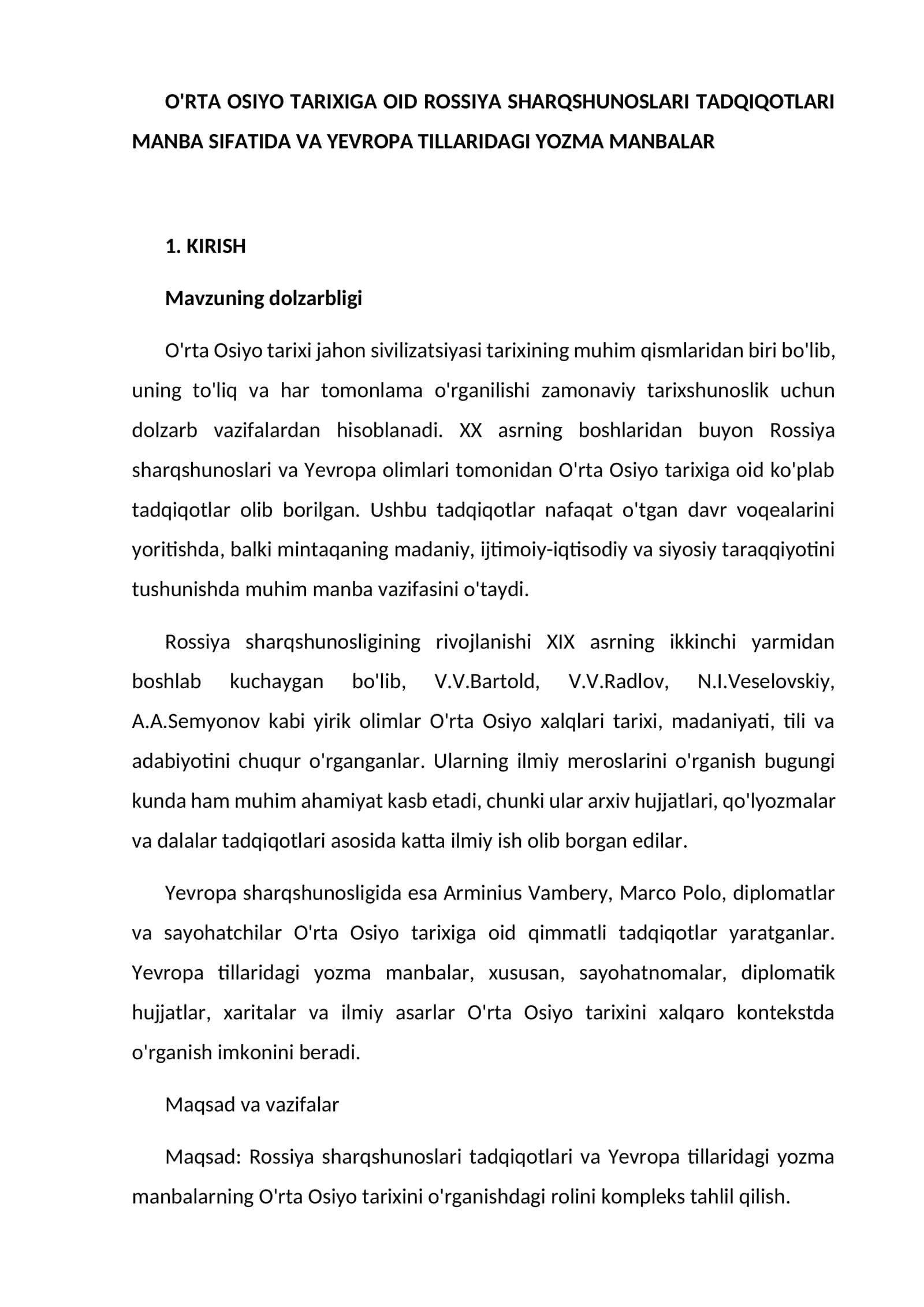 O'RTA OSIYO TARIXIGA OID ROSSIYA SHARQSHUNOSLARI TADQIQOTLARI MANBA SIFATIDA VA YEVROPA TILLARIDAGI YOZMA MANBALAR 1