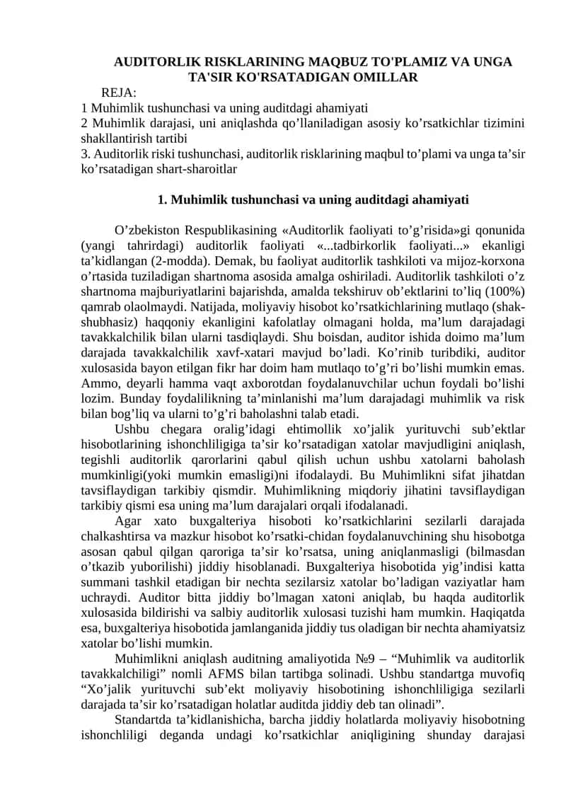 Auditorlik Risklarining Maqbuza To'plamiz va Unga Ta'sir Ko'rsatadigan Omillar 1
