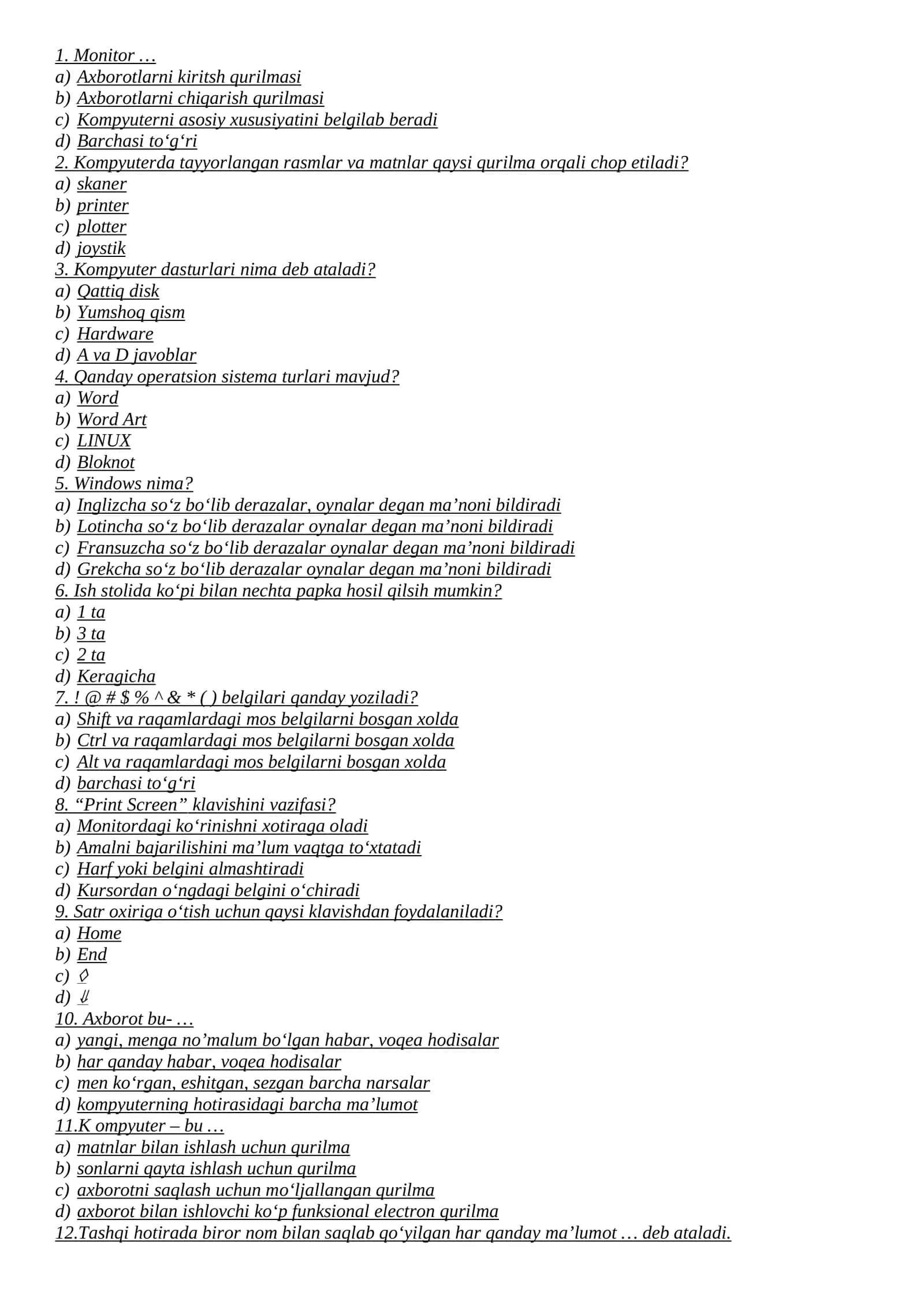 Kompyuter savodxonligi testlari 1