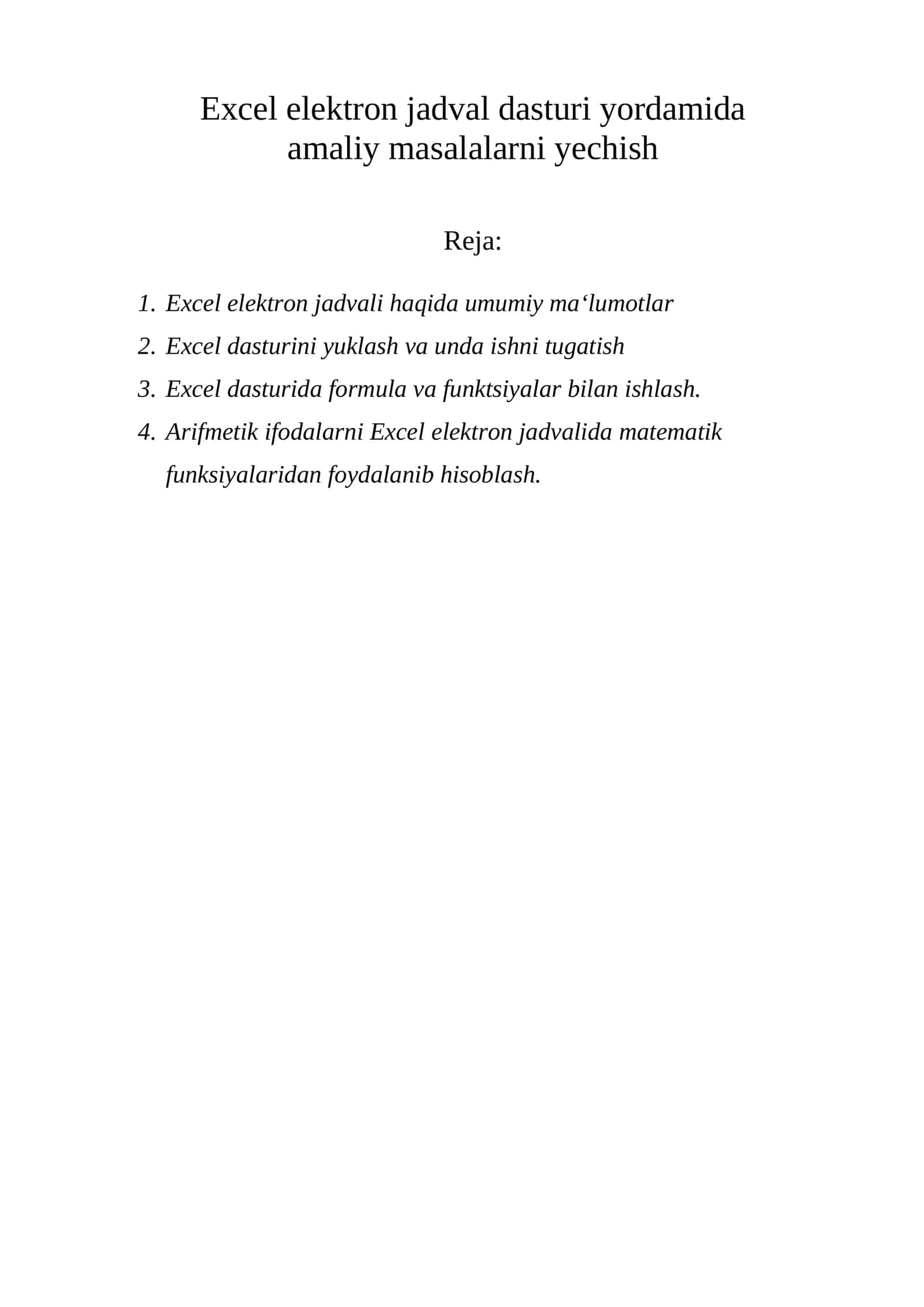 Excel elektron jadval dasturi yordamida amaliy masalalarni yechish 1