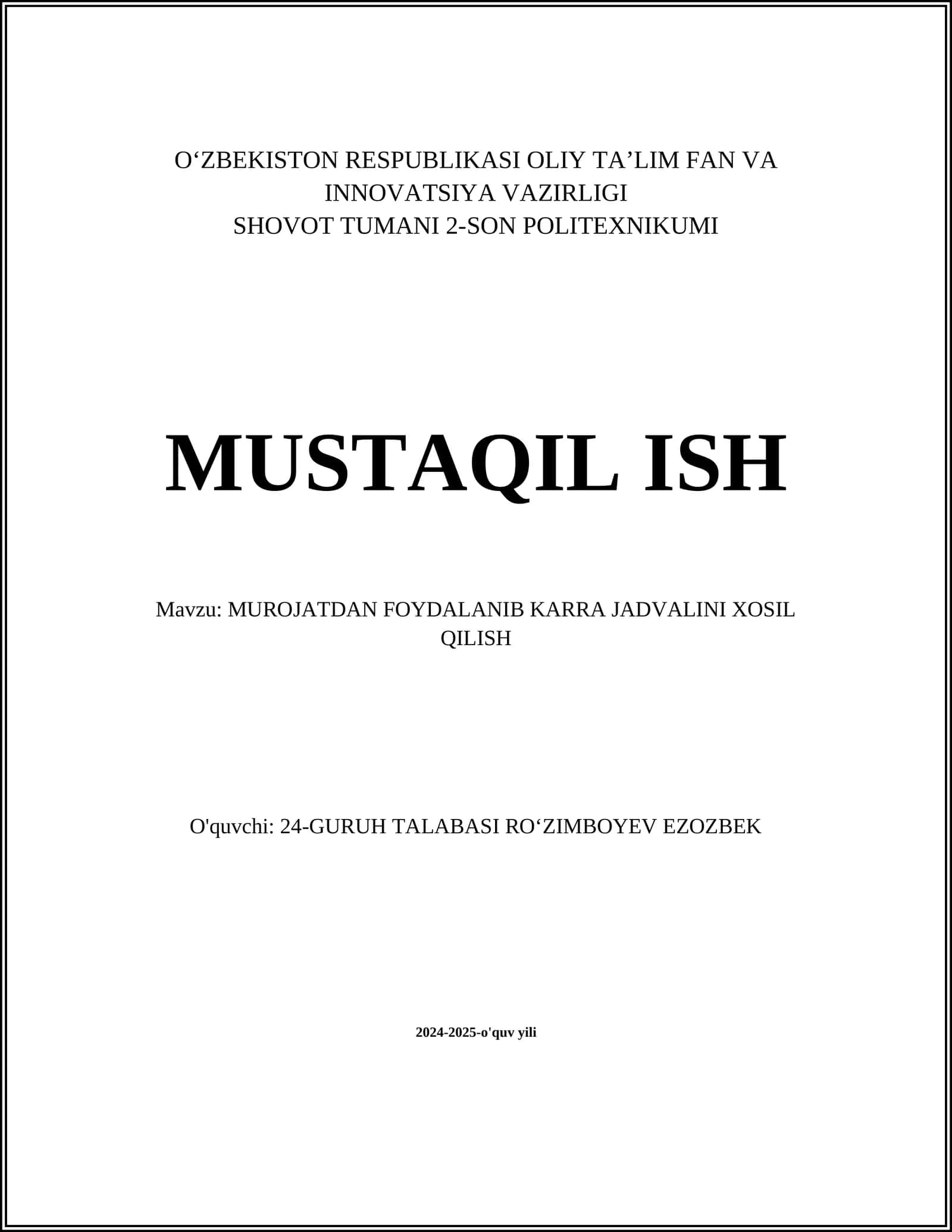 Karra jadvali (multiplikatsion jadval) 1