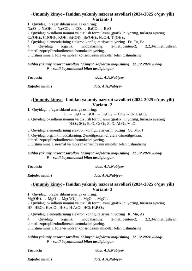 Umumiy kimyo fanidan yakuniy nazorat savollari (2024-2025 o‘quv yili) - Variant 1 1