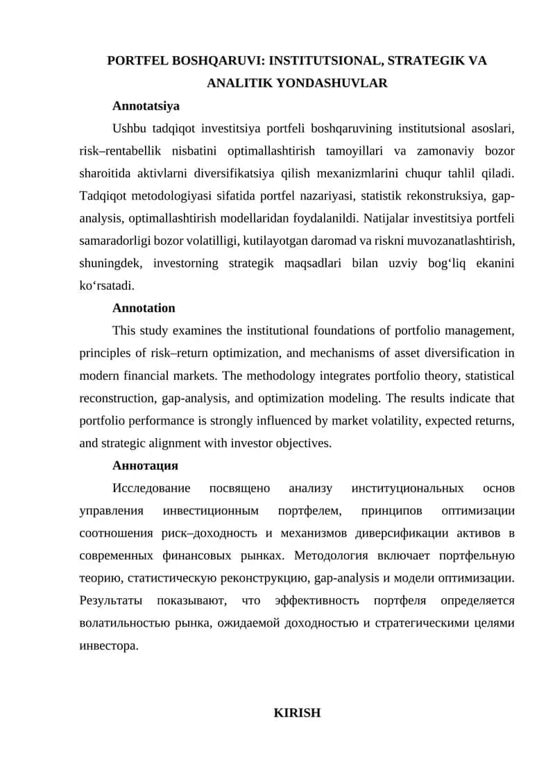 PORTFEL BOSHQARUVI: INSTITUTSIONAL, STRATEGIK VA ANALITIK YONDASHUVLAR 1