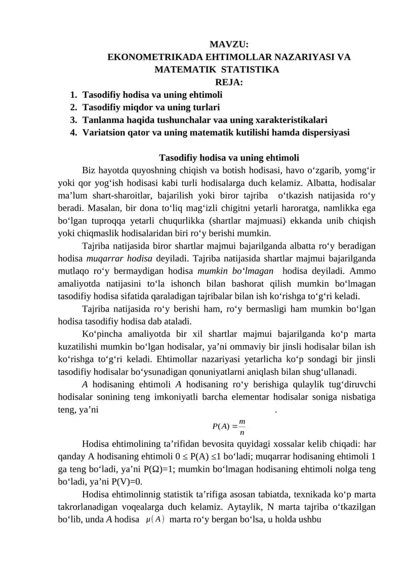 EKONOMETRIKADA EHTIMOLLAR NAZARIYASI VA MATEMATIK STATISTIKA 1