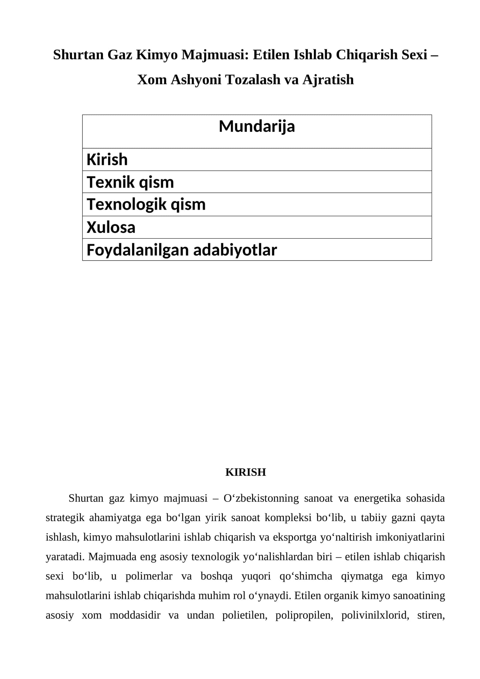 Shurtan Gaz Kimyo Majmuasi: Etilen Ishlab Chiqarish Sexi – Xom Ashyoni Tozalash va Ajratish 1