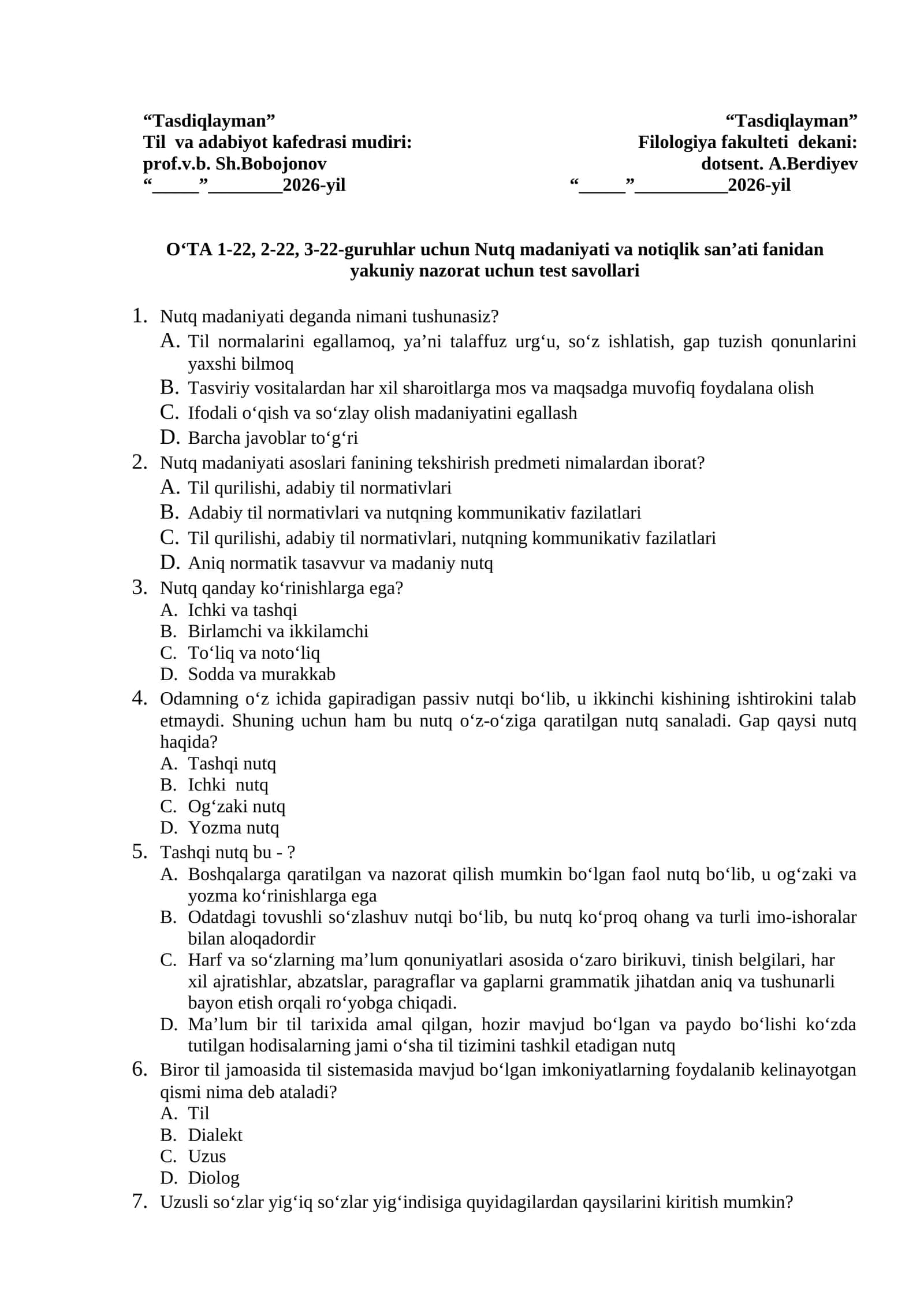 Nutq madaniyati va notiqlik san’ati fanidan yakuniy nazorat uchun test savollari 1