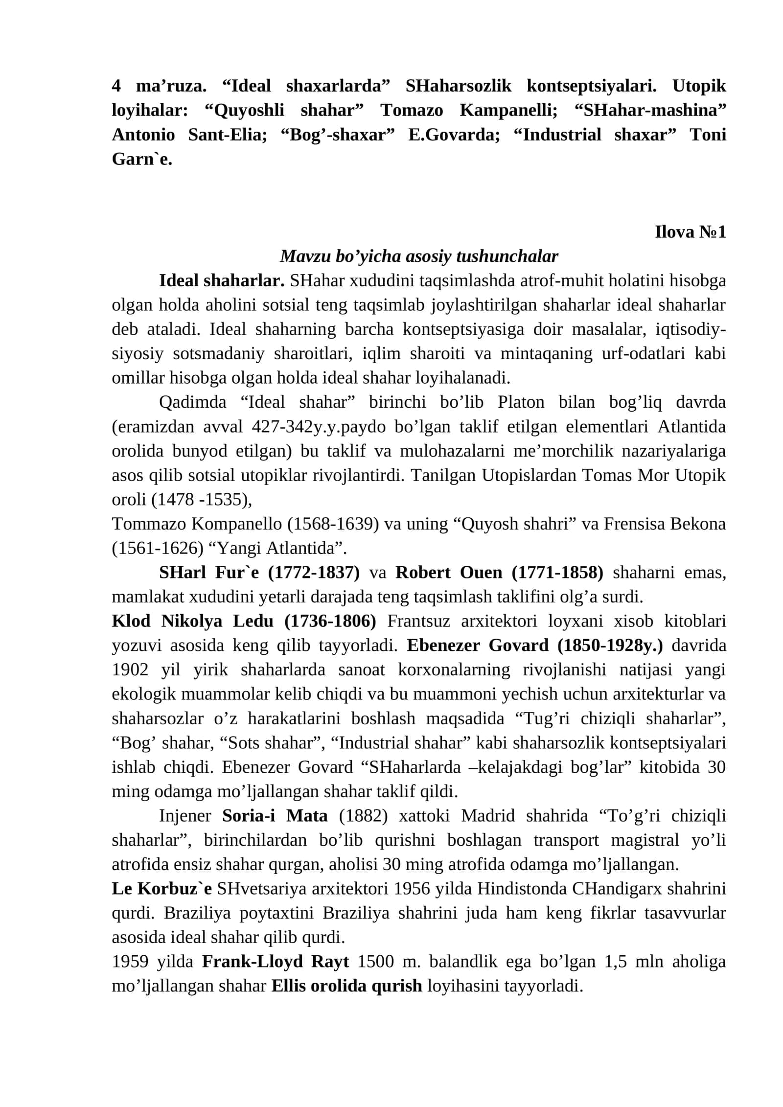 Ideal shaharlarda SHaharsozlik kontseptsiyalari 1