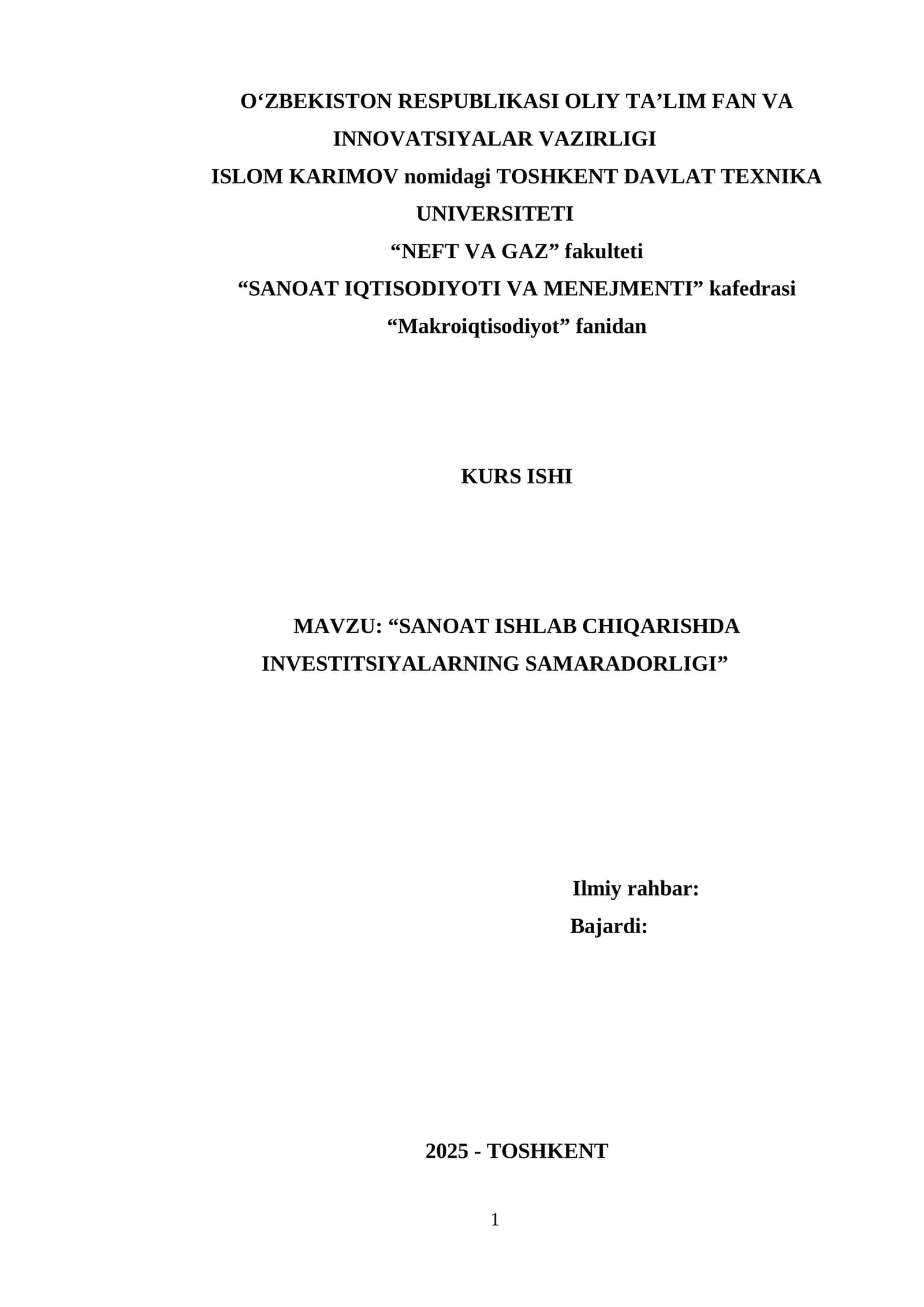 SANOAT ISHLAB CHIQARISHDA INVESTITSIYALARNING SAMARADORLIGI 1