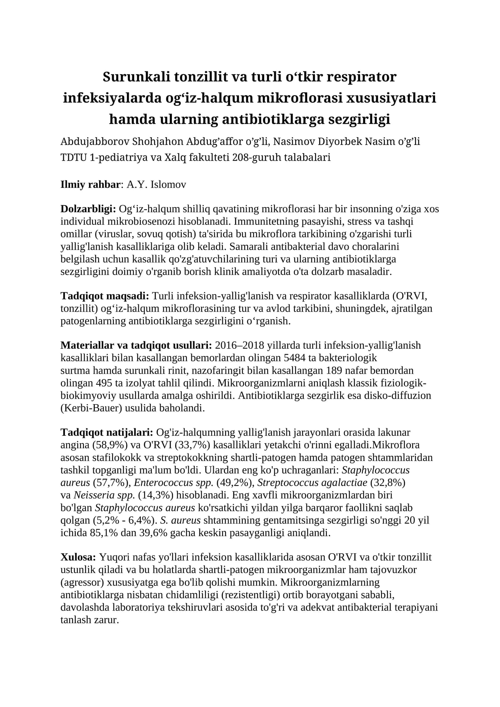 Surunkali tonzillit va turli o‘tkir respirator infeksiyalarda og‘iz-halqum mikroflorasi xususiyatlari hamda ularning antibiotiklarga sezgirligi 1