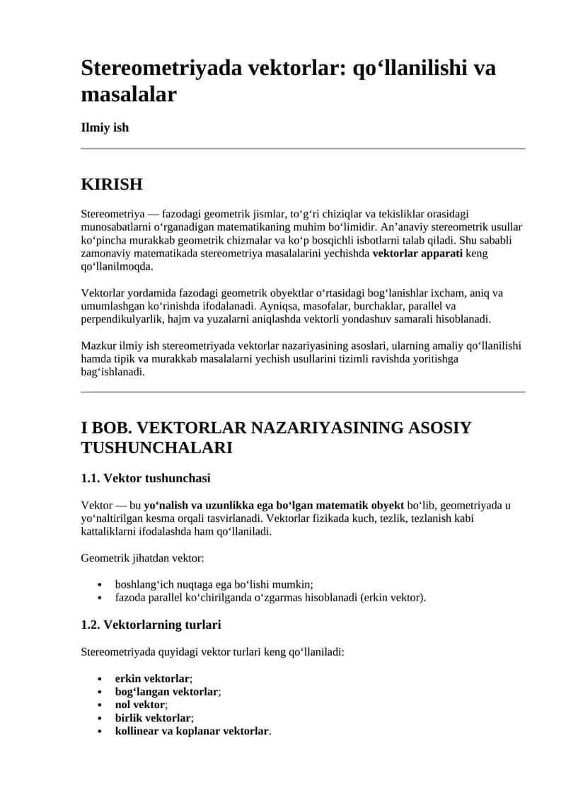 Stereometriyada vektorlar: qo‘llanilishi va masalalar 1