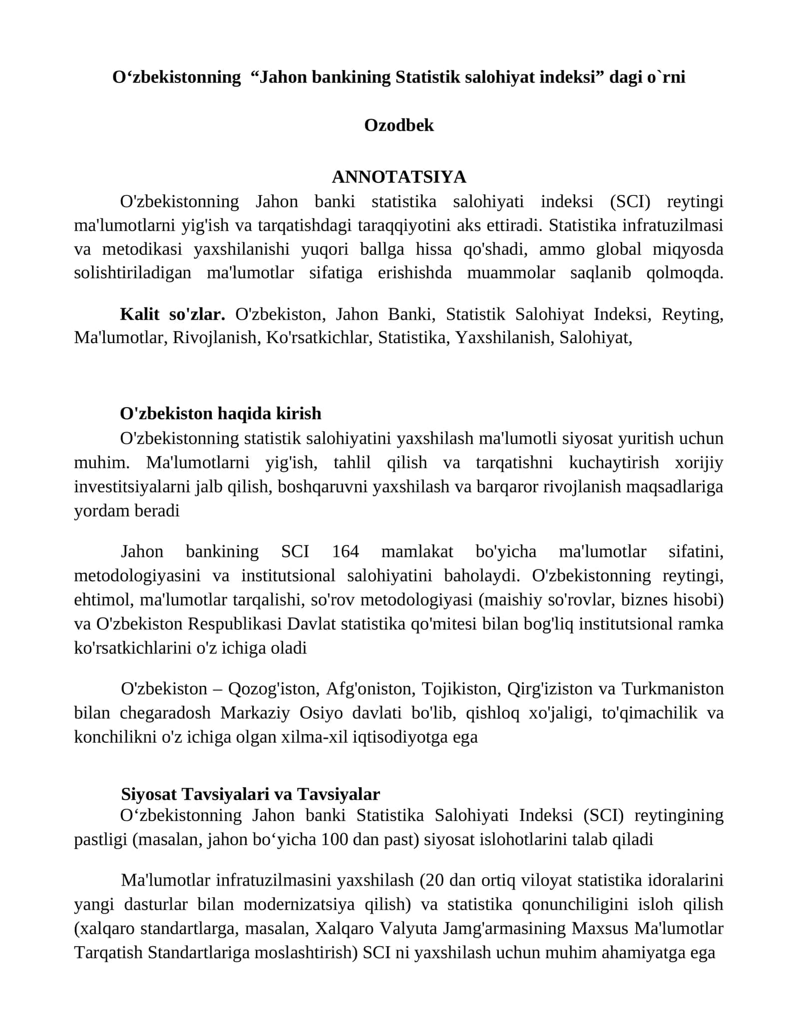 O'zbekistonning Jahon banki statistika salohiyati indeksi (SCI) reytingi ma'lumoti 1