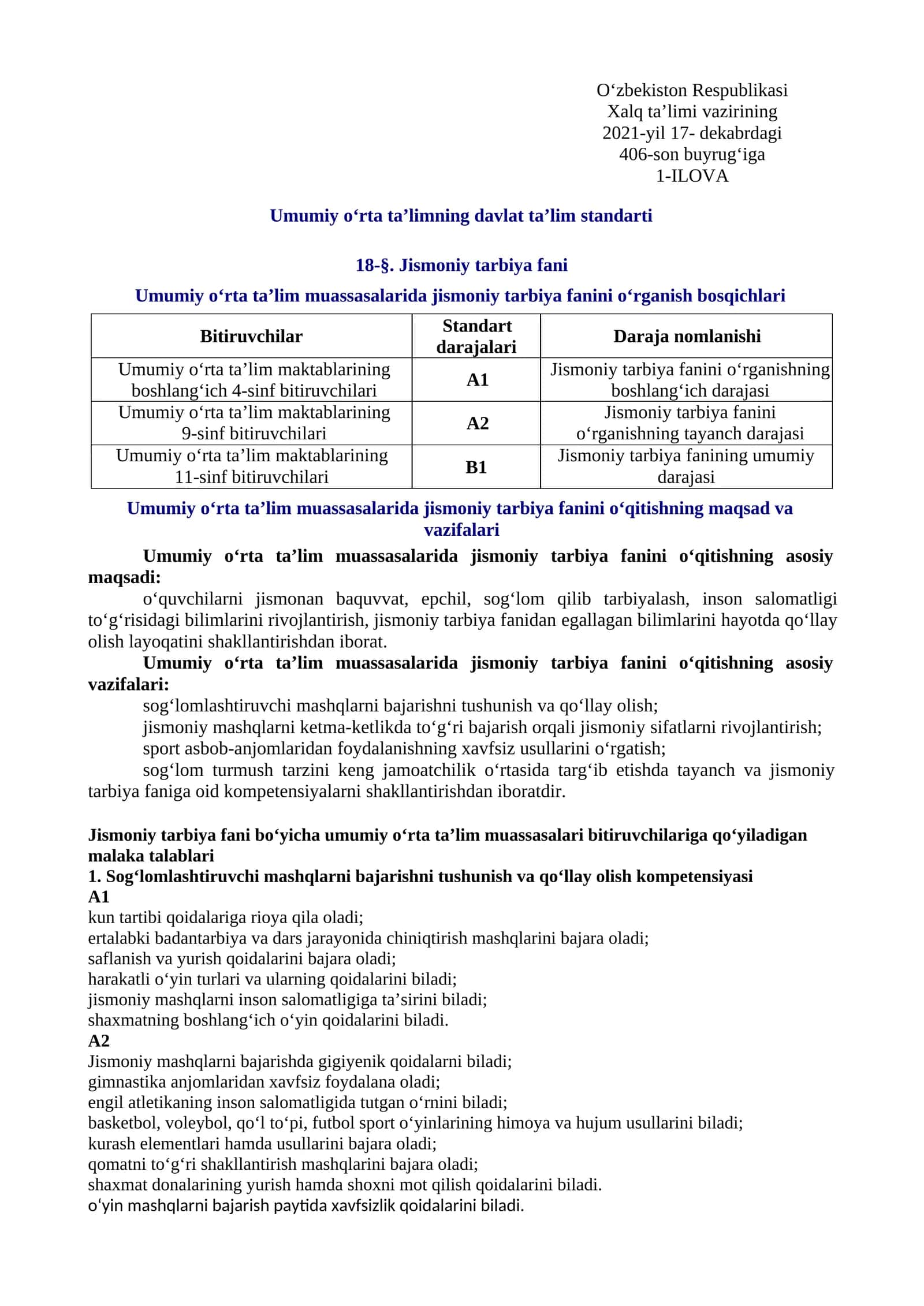 Jismoniy tarbiya fani (Umumiy o‘rta ta’limning davlat ta’lim standarti) 1