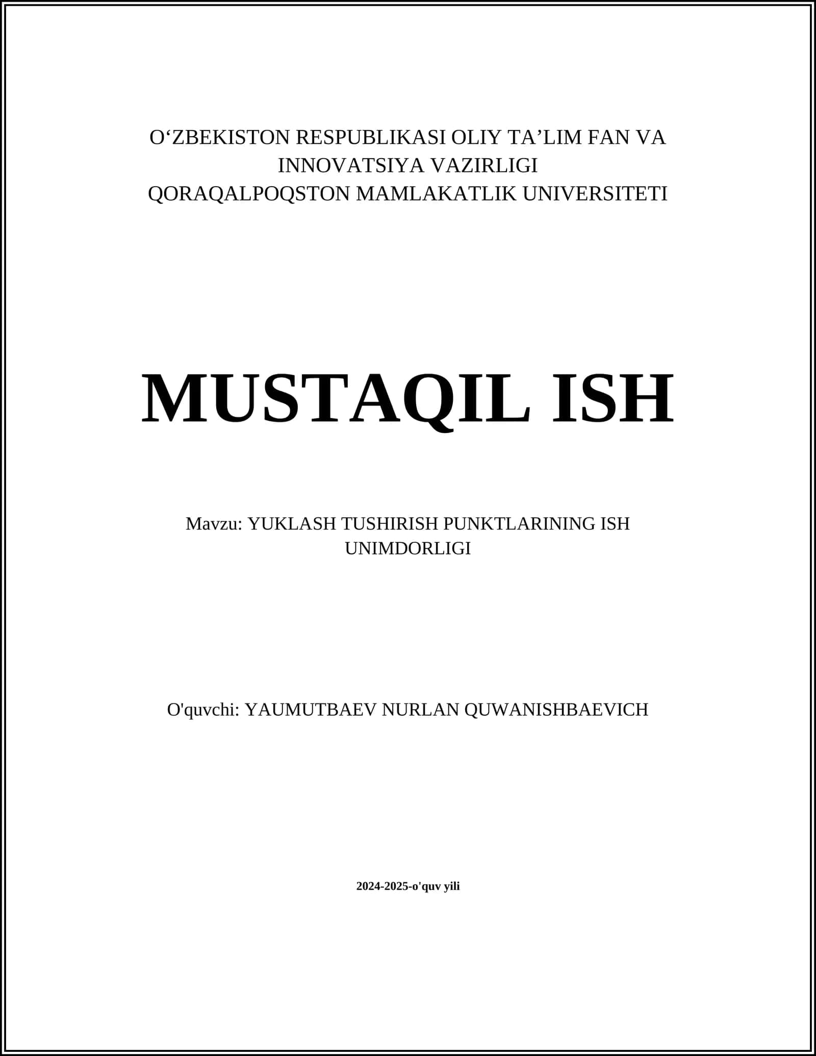 YUKLASH TUSHIRISH PUNKTLARINING ISH UNIMDORLIGI 1