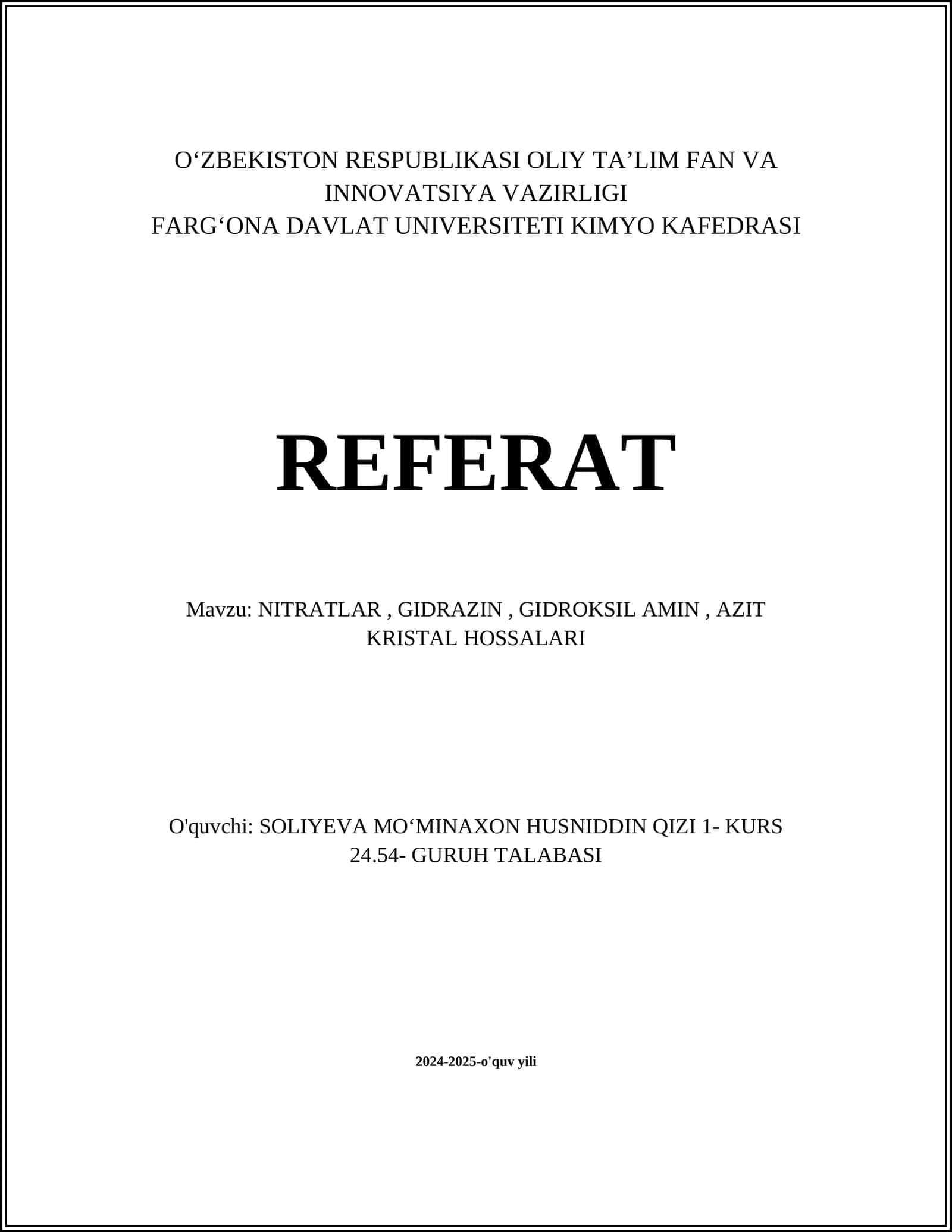 NITRATLAR, GIDRAZIN, GIDROKSIL AMIN, AZIT KRISTAL HOSSALARI 1