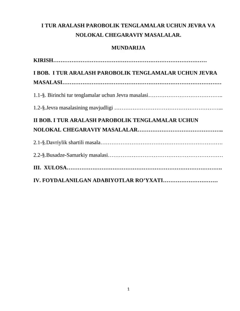 I TUR ARALASH PAROBOLIK TENGLAMALAR UCHUN JEVRA VA NOLOKAL CHEGARAVIY MASALALAR 1