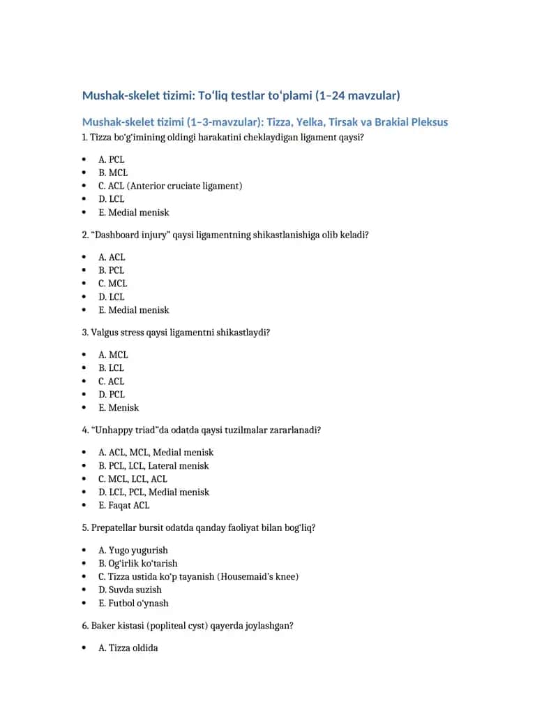 Mushak-skelet tizimi: To‘liq testlar to‘plami (1–24 mavzular) 1