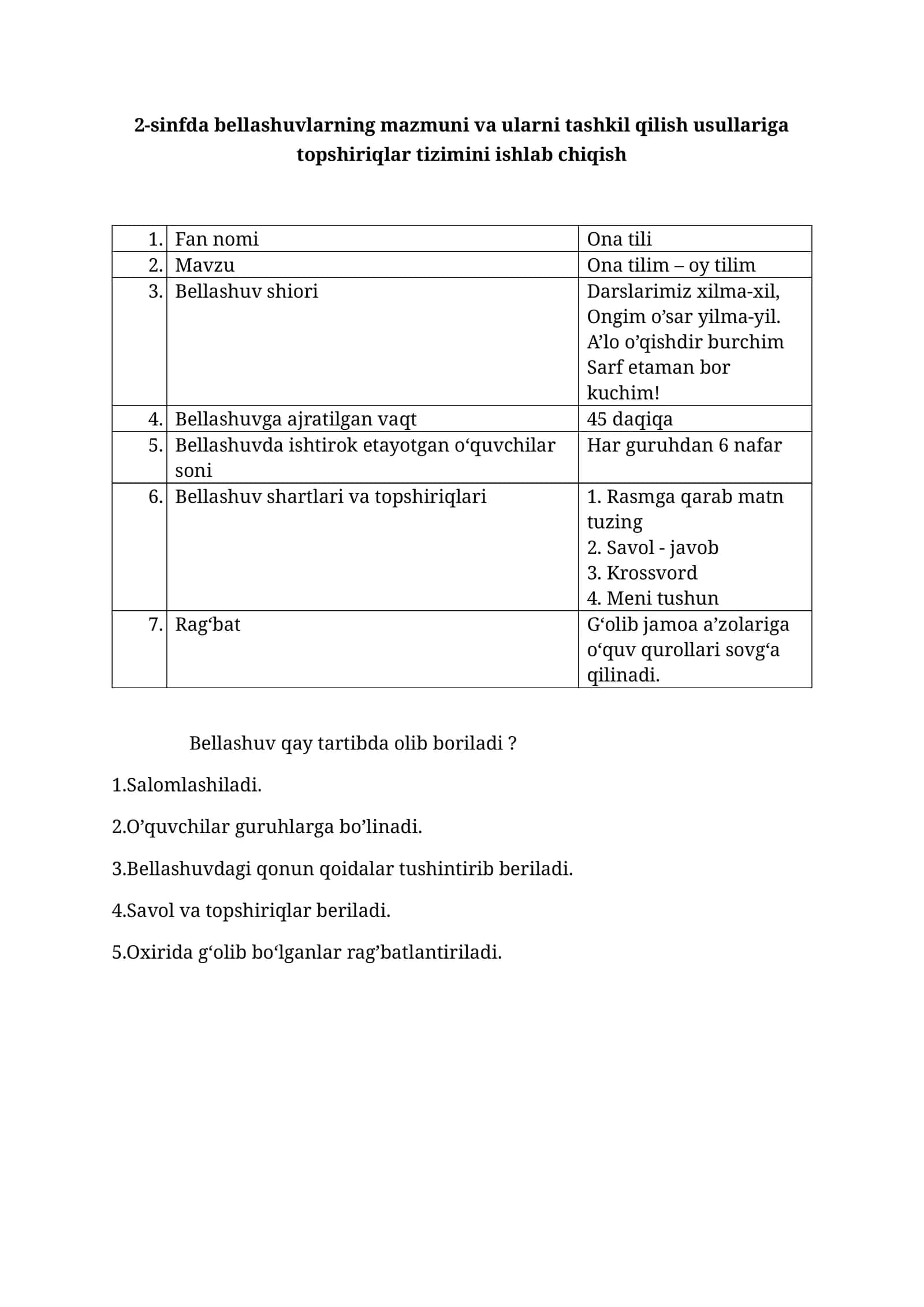 Bellashuvlar o'tkazish tartibi va topshiriqlar 1