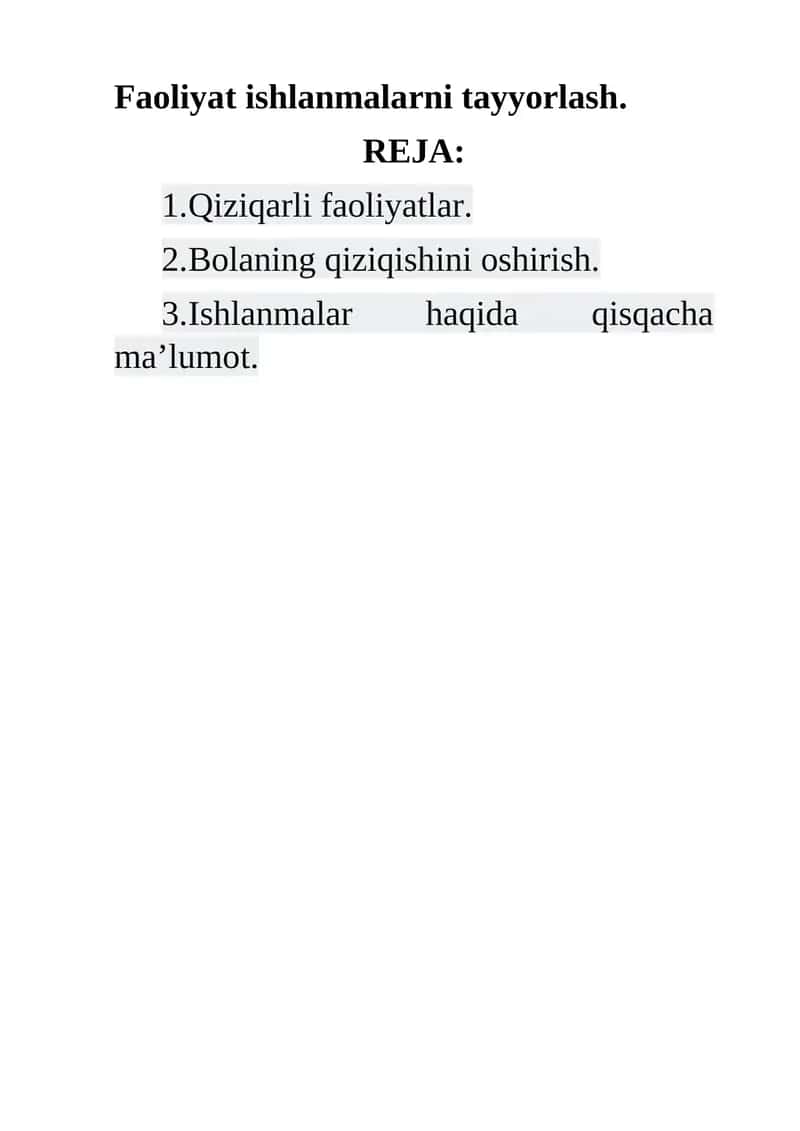 Faoliyat ishlanmalarni tayyorlash