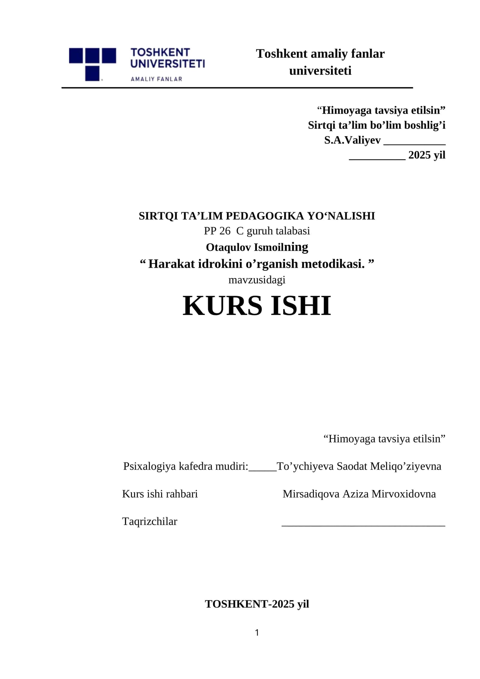 Harakat idrokini o’rganish metodikasi. KURS ISHI 1