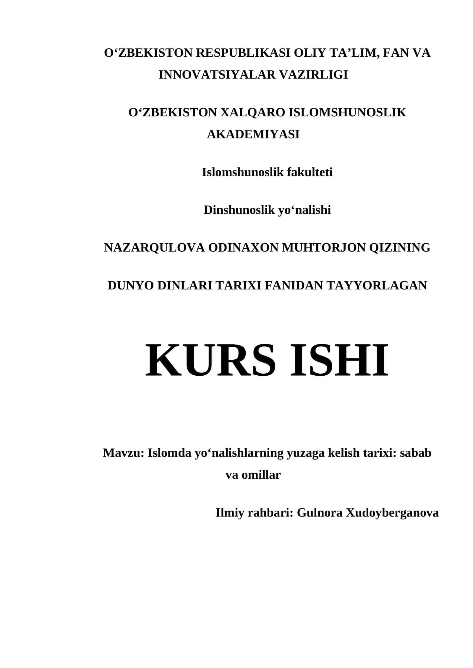 "DUNYO DINLARI TARIXI FANIDAN TAYYORLAGAN KURS ISHI" 1