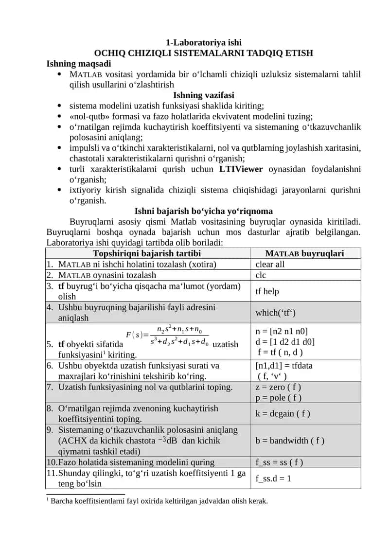Laboratoriya ishi - OCHIQ CHIZIQLI SISTEMALARNI TADQIQ ETISH 1