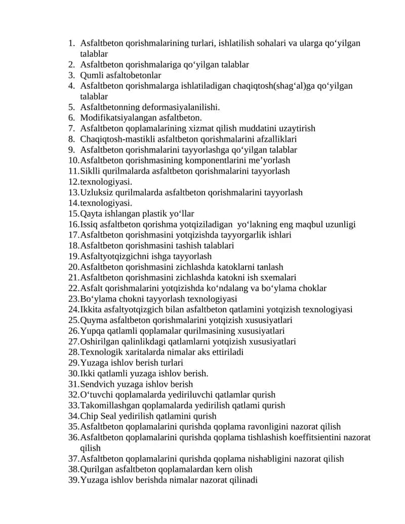 Asfaltbeton qorishmalarining turlari, ishlatilish sohalari va ularga qo‘yilgan talablar 1