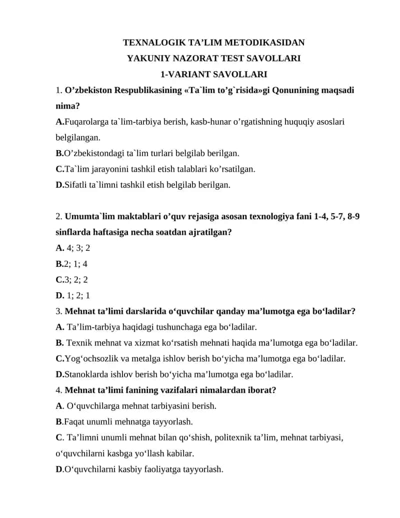 TEXNALOGIK TA’LIM METODIKASIDAN YAKUNIY NAZORAT TEST SAVOLLARI 1