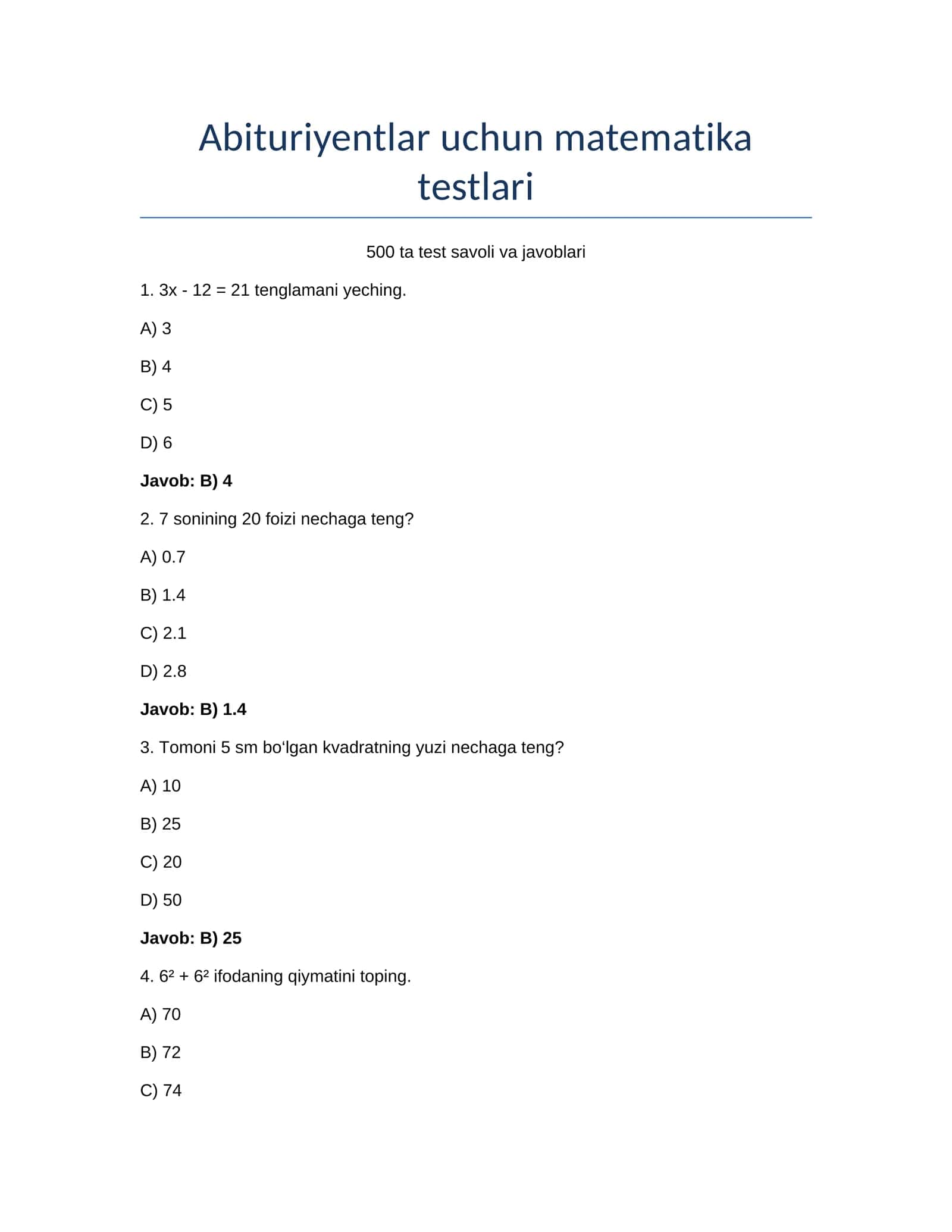 abitureyentlar uchun matematika testi va javobi 1