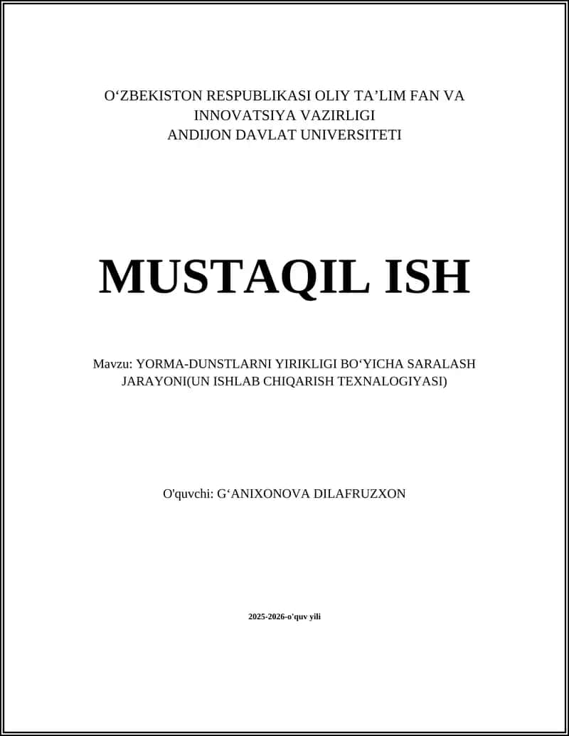 YORMA-DUNSTLARNI YIRIKLIGI BOʻYICHA SARALASH JARAYONI 1