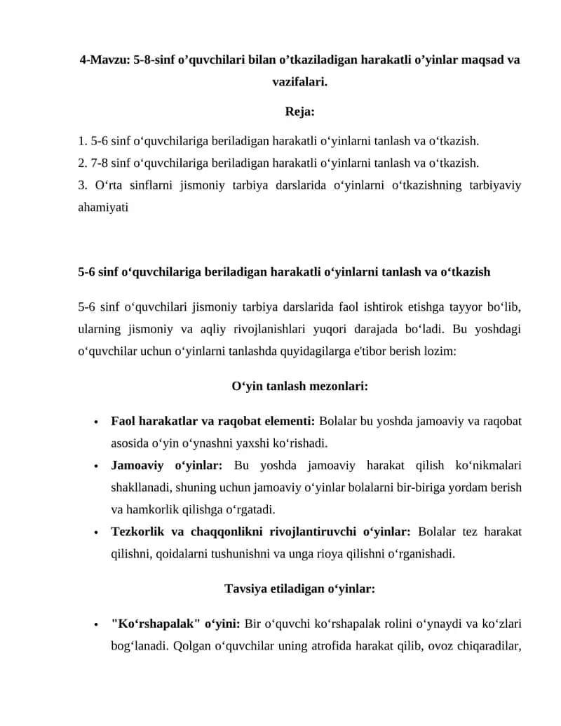 5-8-sinf o’quvchilari bilan o’tkaziladigan harakatli o’yinlar 1