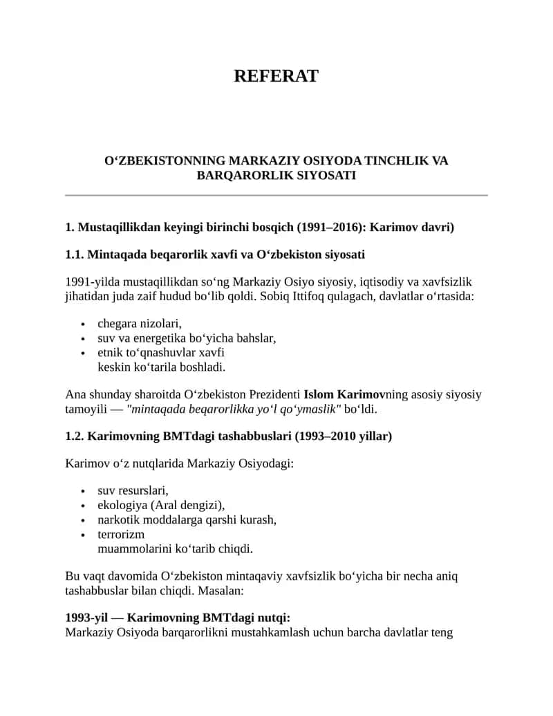 O‘ZBEKISTONNING MARKAZIY OSIYODA TINCHLIK VA BARQARORLIK SIYOSATI 1
