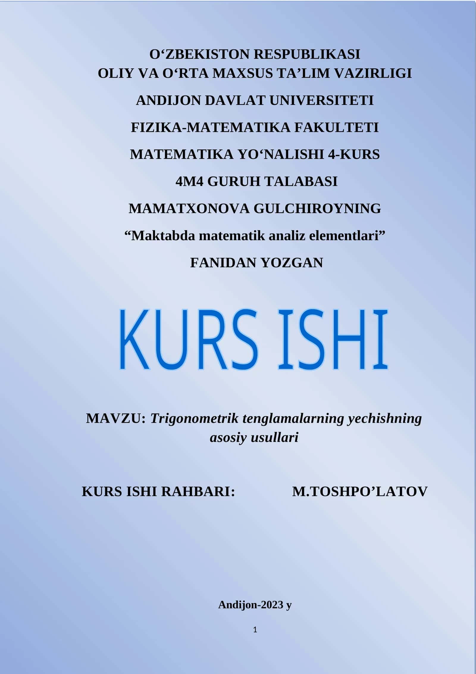 Trigonometrik tenglamalarning yechishning asosiy usullari 1